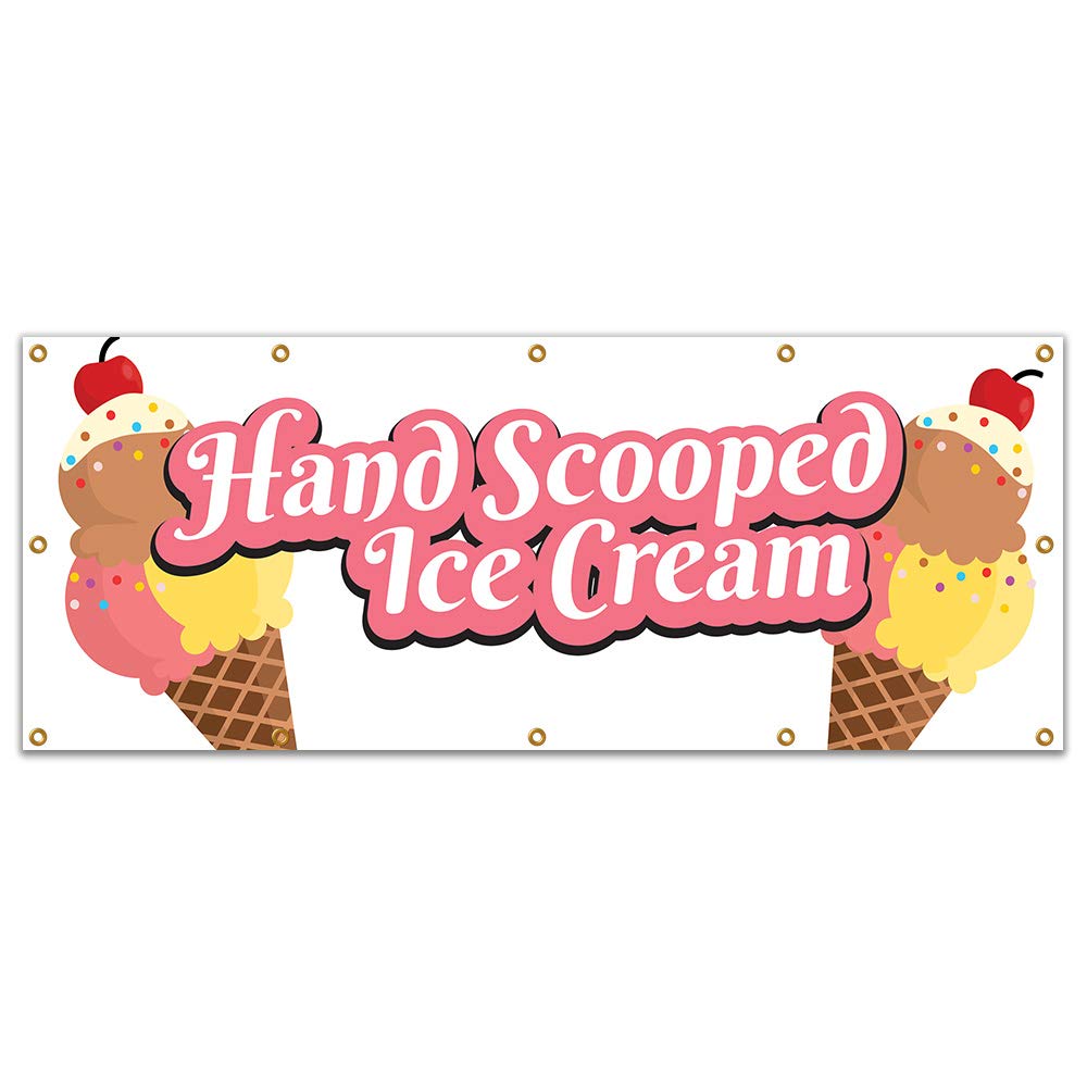 Premium Hand-Scooped Ice Cream 120-Inch Vinyl Banner for Concession Stands & Food Trucks - Single-Sided, Weather-Resistant (Perfect for Outdoor Events, Carnivals & Mobile Ice Cream Businesses)