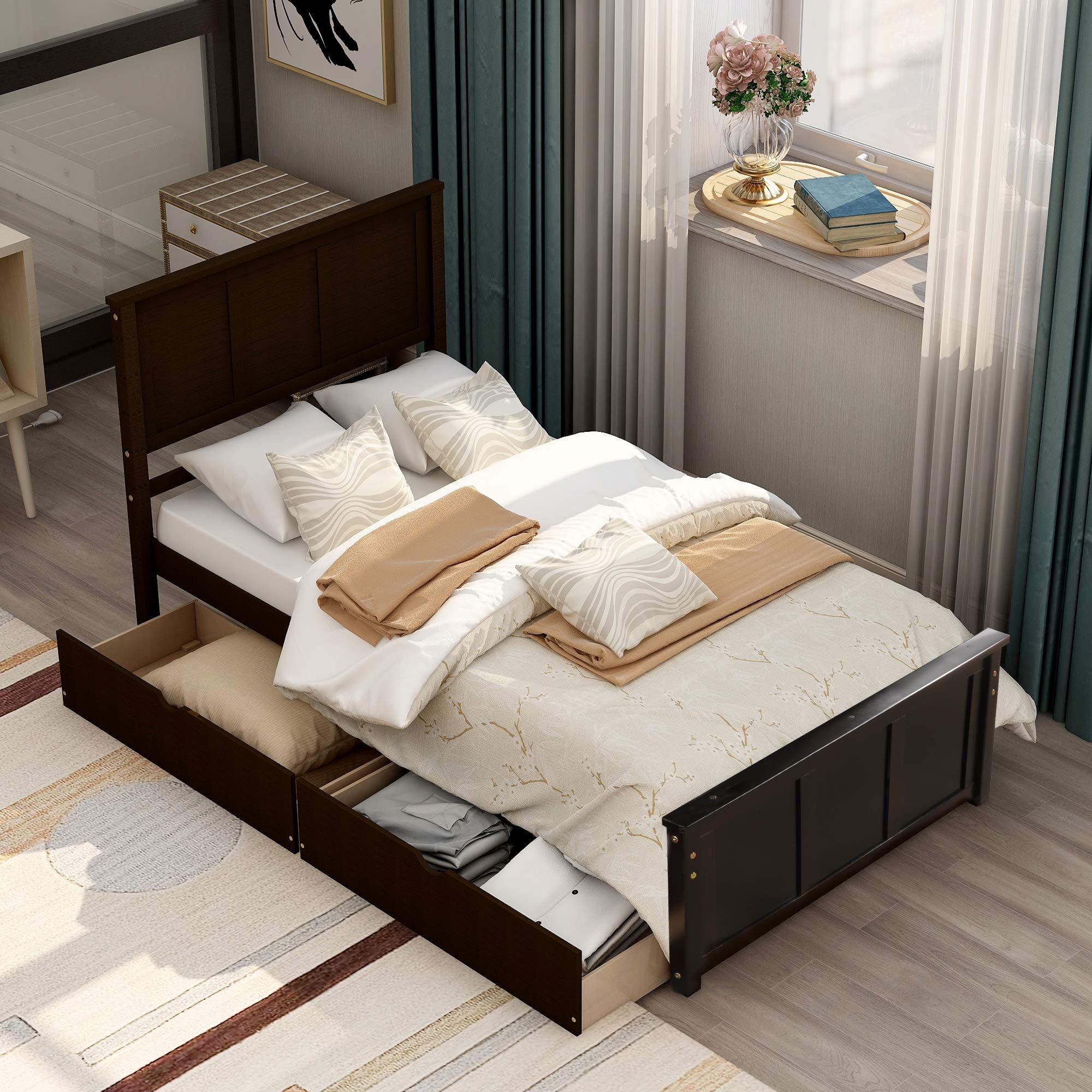 MERITLINE Twin Bed Frame with Headboard & Storage Drawers - Solid Wood Platform Bed for Kids & Teens - Twin Size Bed with Under Bed Storage - Perfect for Small Bedrooms, Dorm Rooms & Guest Rooms (Espresso Finish)