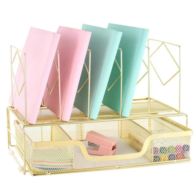 Premium Gold Desk Organizer with Sliding Drawer - 5-Section Upright File Sorter for Office Supplies | Perfect for Home Office, Workspace & School Organization