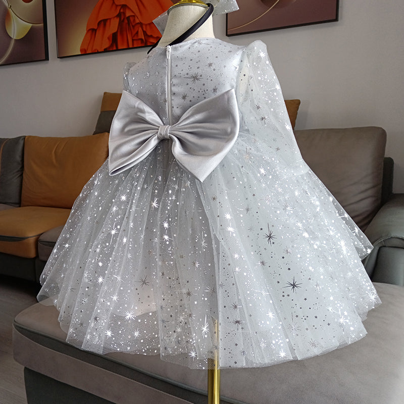 Elegant Grey Tulle A-Line Flower Girl Dress with Long Puff Sleeves - Perfect for Weddings, Baptisms & Special Occasions
