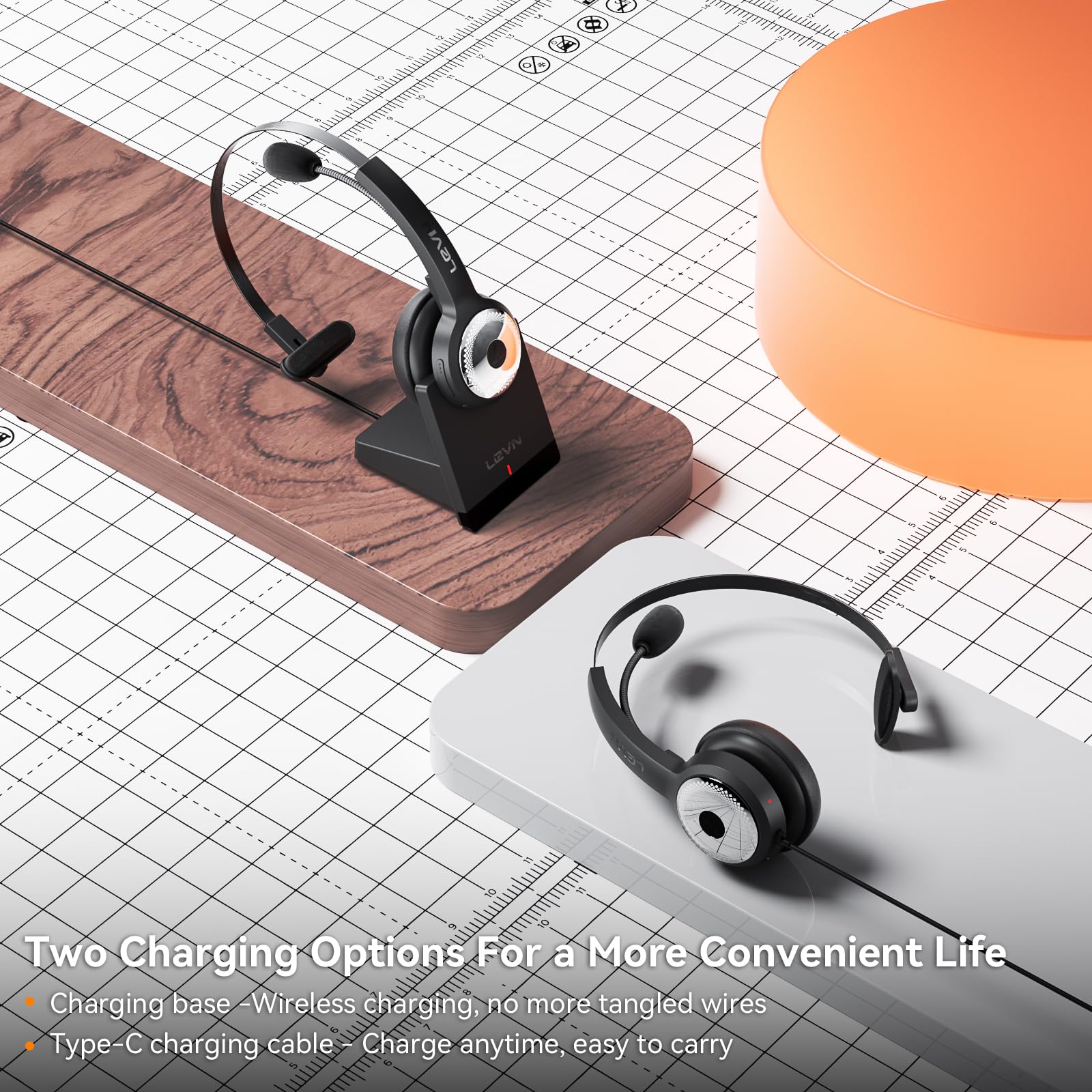 LEVN Wireless Headset with Microphone - AI Noise Cancelling Bluetooth Headphones with Charging Base, 45H Talk Time for Home Office, Call Center, PC, Laptop, Zoom Meetings | Comfortable Over-Ear Design for Long Work Sessions (Black)
