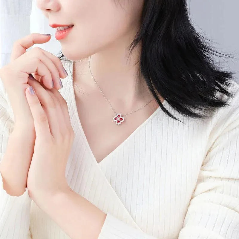 14K White Gold Natural Ruby & Sapphire Four Leaf Clover Diamond Pendant Necklace - Elegant Jewelry Gift for Wedding, Anniversary & Special Occasions | Perfect for Romantic Gifts, Bridal Jewelry & Everyday Luxury Wear