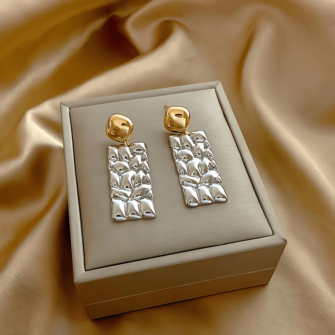 Geometric Fold Two Tone Textured Dangle Nugget Earrings for Women | Trendy Gold & Silver Statement Jewelry | Perfect for Parties, Weddings & Everyday Wear (E4081)