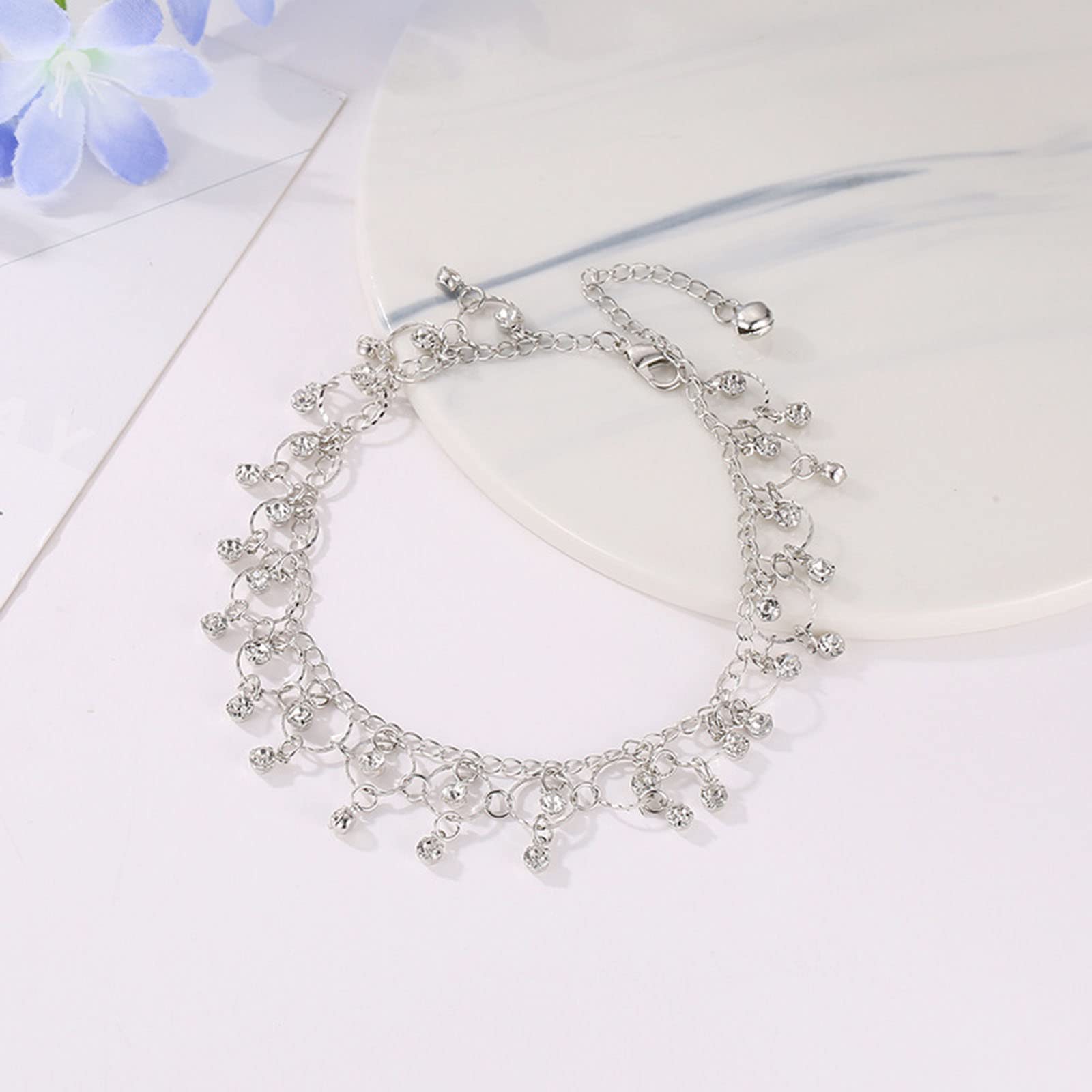Boho Rhinestone Tassel Anklet - Silver Crystal Drop Ankle Bracelet with Faux Diamond & CZ Fringe Chain for Women & Girls | Perfect for Beach, Festival & Summer Outfits