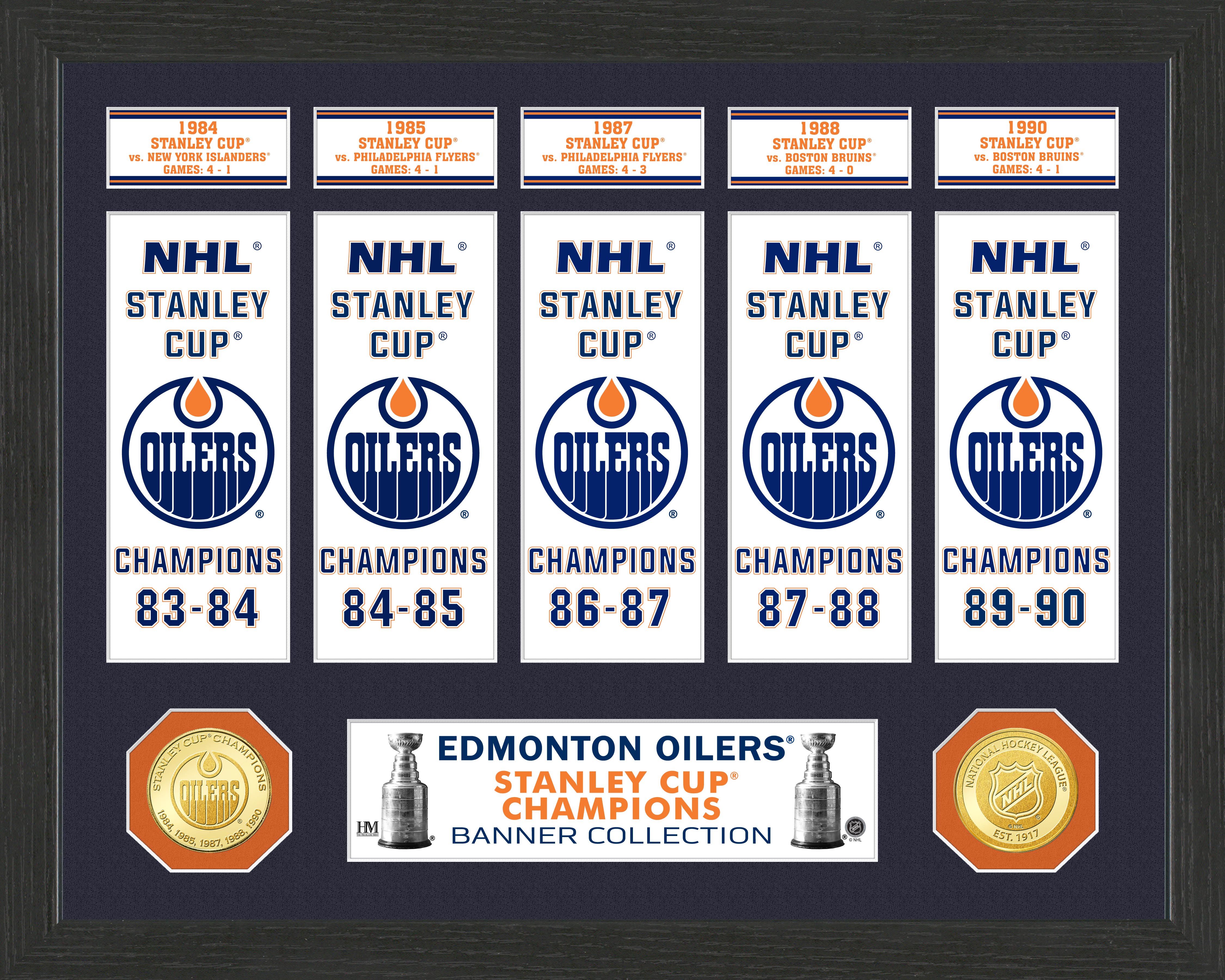 Edmonton Oilers Stanley Cup Banner Collection Photo Mint - Premium NHL Memorabilia for Hockey Fans & Collectors - Perfect for Man Cave, Sports Room Decor, and Gift Ideas
