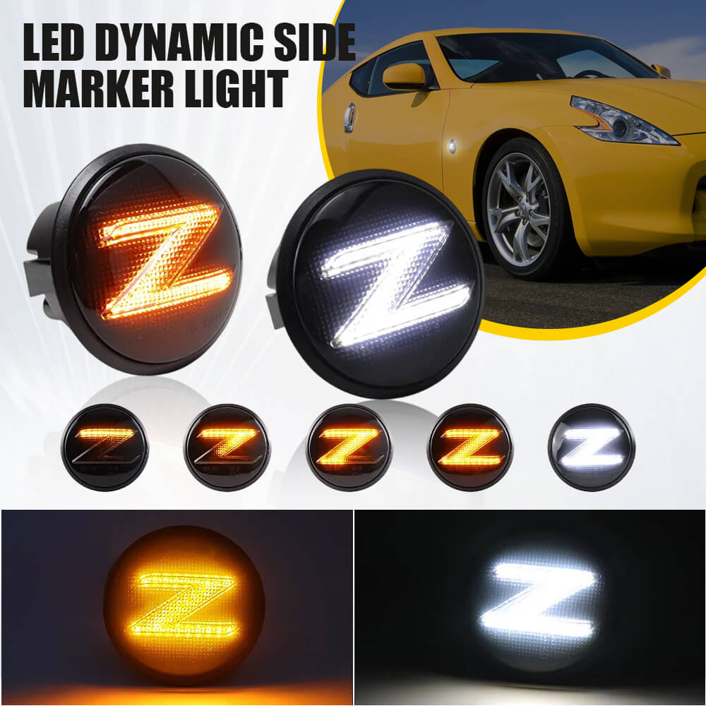Amber LED Side Marker Light with Sequential Turn Signal - Compatible with 2003-2009 Nissan 350Z & 2010-2020 Nissan 370Z - Durable Z-Shaped Design for Enhanced Visibility & Style - Perfect for Night Driving and Car Customization