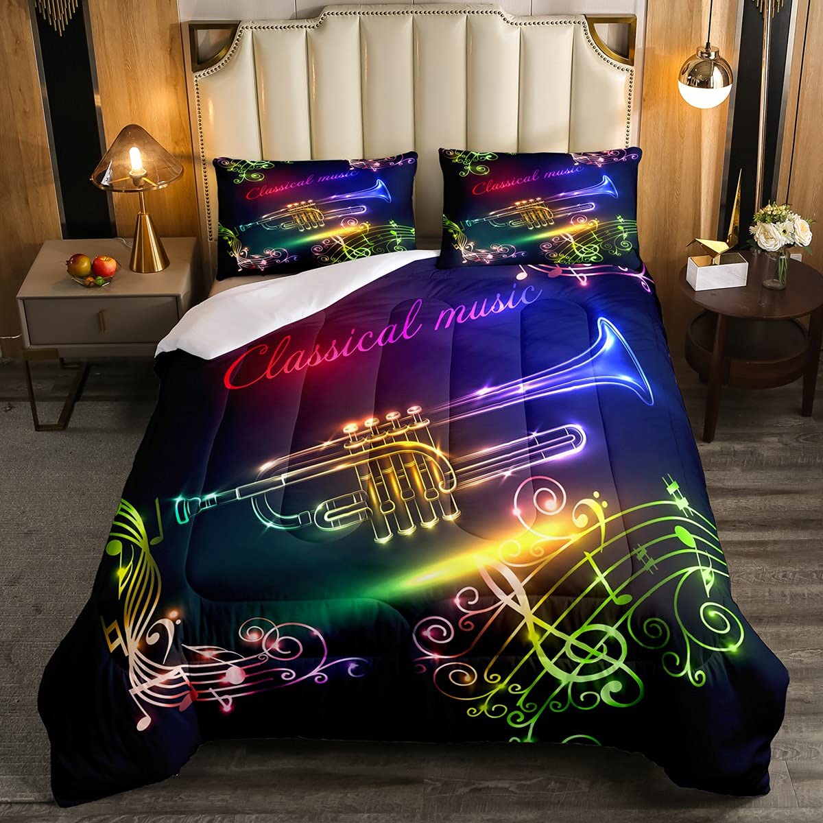 Erosebridal Classic Music Duvet Insert Queen Size - Golden Trumpet Jazz Design Comforter Set for Kids, Boys, Girls & Teens - Glitter Musical Instrument Down Alternative Bedding - Perfect for Bedroom Decor & Music Lover's Room