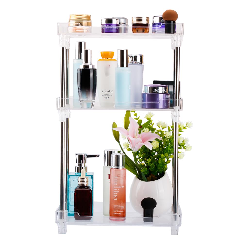 AfooBezos 3-Tier Clear Acrylic Bathroom Organizer - Countertop Vanity Tray & Corner Shelf for Skincare, Cosmetics & Makeup | Perfect for Small Spaces, Sink Counter Organization & Bathroom Storage