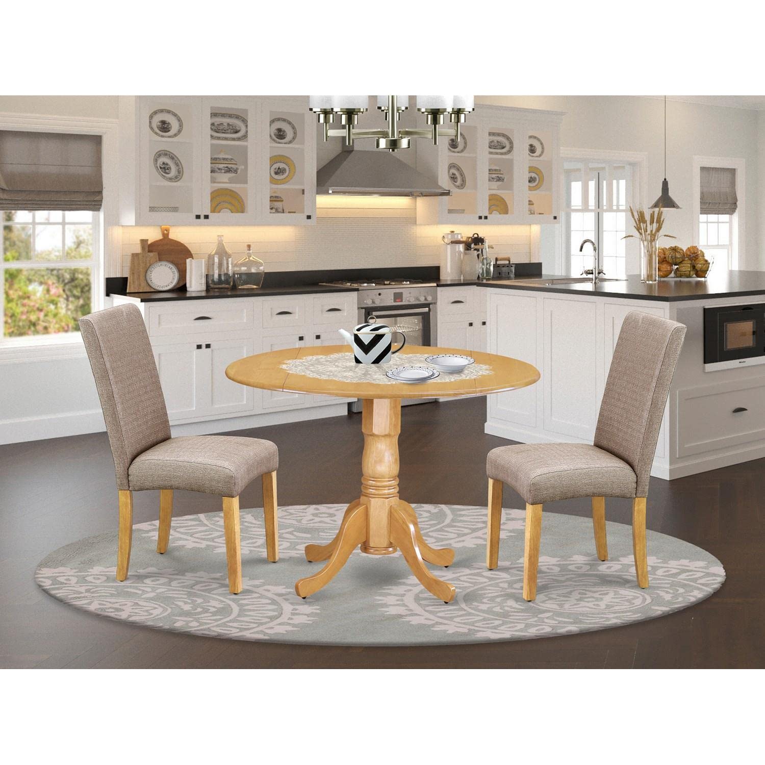 East West Furniture DLDR3-OAK-16 3-Piece Round Dining Table Set with Drop Leaf & 2 Parsons Chairs - 42x42 Inch Oak Finish - Perfect for Small Spaces, Breakfast Nooks & Cozy Apartments