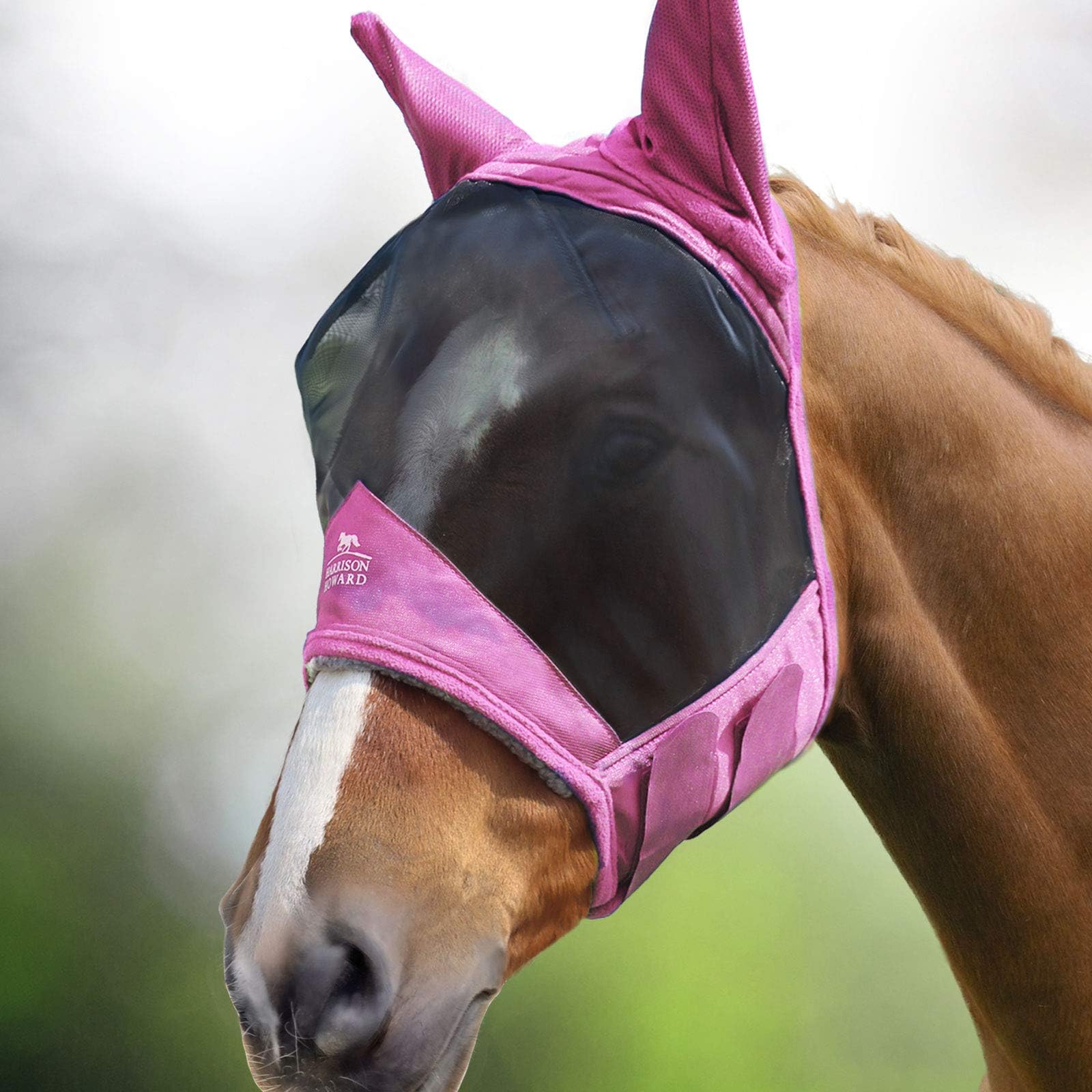 Harrison Howard CareMaster Pro Luminous Horse Fly Mask - Large Eye Space, UV Protection, Light Pink (Size M; Cob) - Perfect for Summer Riding, Pasture Protection & Show Horses