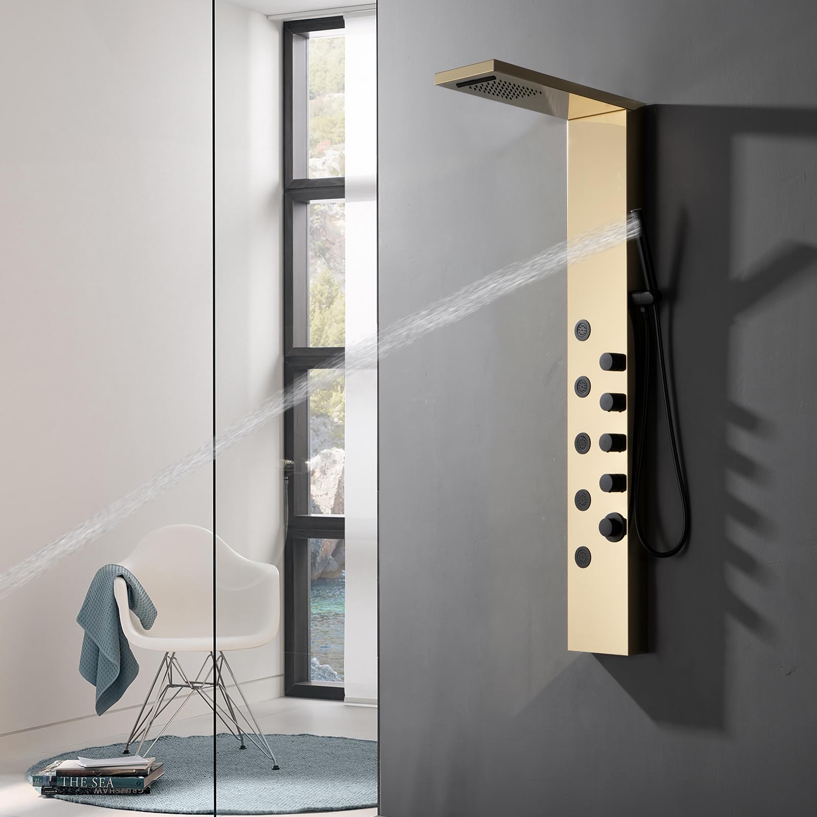 Premium Stainless Steel Rainfall Shower Panel Tower with 5 Adjustable Body Jets - Wall Mounted Waterfall Shower System in Polished Gold & Black - Perfect for Luxury Bathroom Spa Experience and Modern Home Renovation