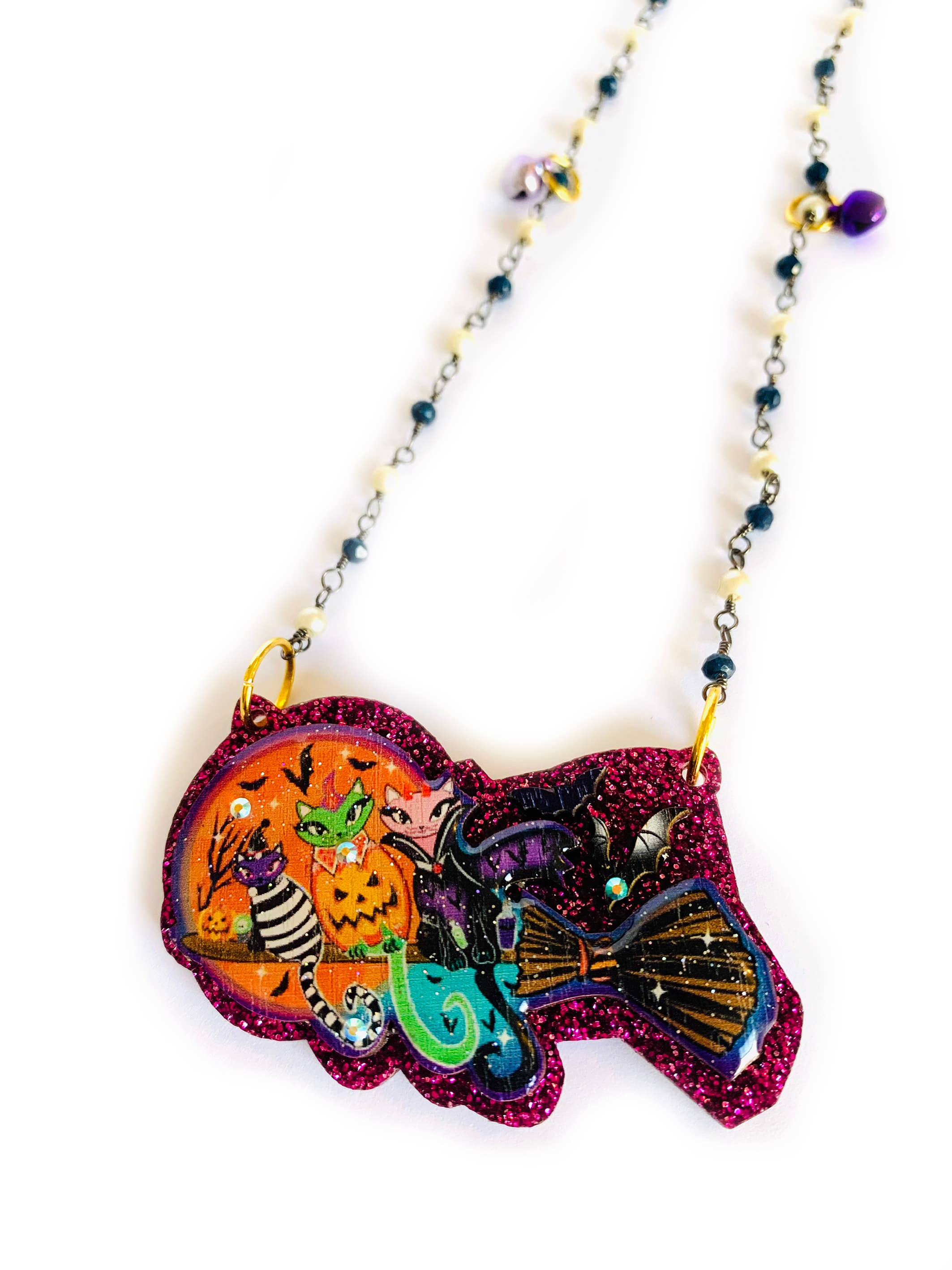 Rosie Rose Parker Cats on a Broom Necklace - Halloween Cat Witch Jewelry for Women, Perfect for Halloween Costume Accessories & Witchy Fashion