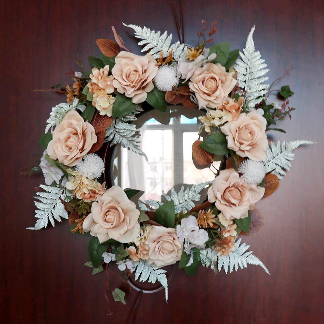 Desuness 16 Inch Artificial Rose Flower Wreath - Handmade Champagne Rose Floral Garland for Home Decor, Door, Wall, Wedding & Party Decoration (Creamy White) | Perfect for Spring Decor, Bridal Shower, Anniversary & Farmhouse Style Interiors