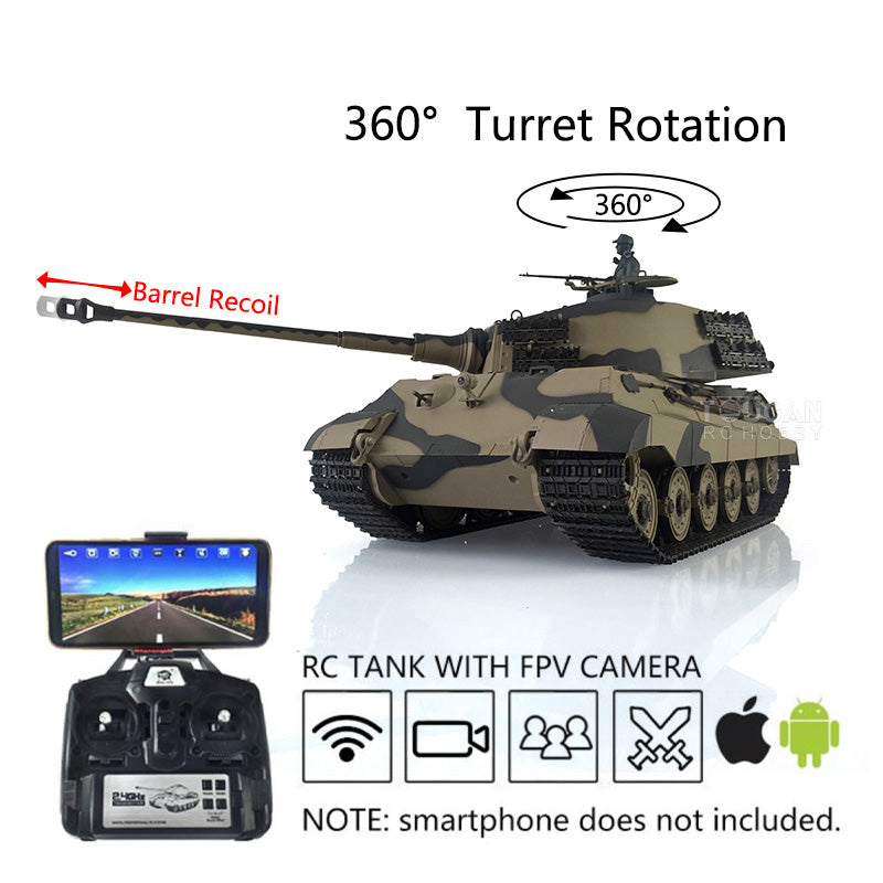 1/16 Henglong 7.0 RC Tank 3888A King Tiger Plastic 2.4G German Battle Tank with FPV Camera, 360° Rotating Turret, Barrel Recoil & Steel Gearbox - Realistic Military Simulation for Adults & Collectors
