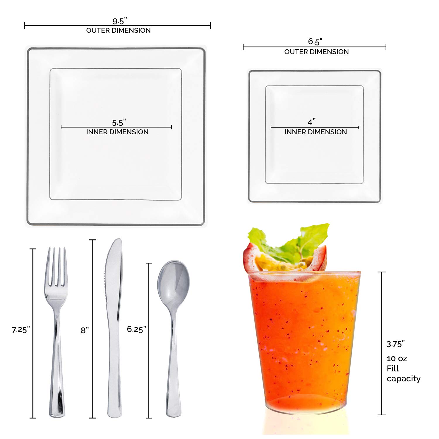 Premium Heavy-Duty Disposable Plastic Dinnerware Sets - Elegant Square Plates for Weddings, Birthdays & Special Events (White with Silver Trim, 120-Piece Wedding Value Pack) - Perfect for Catering, Parties & Large Gatherings