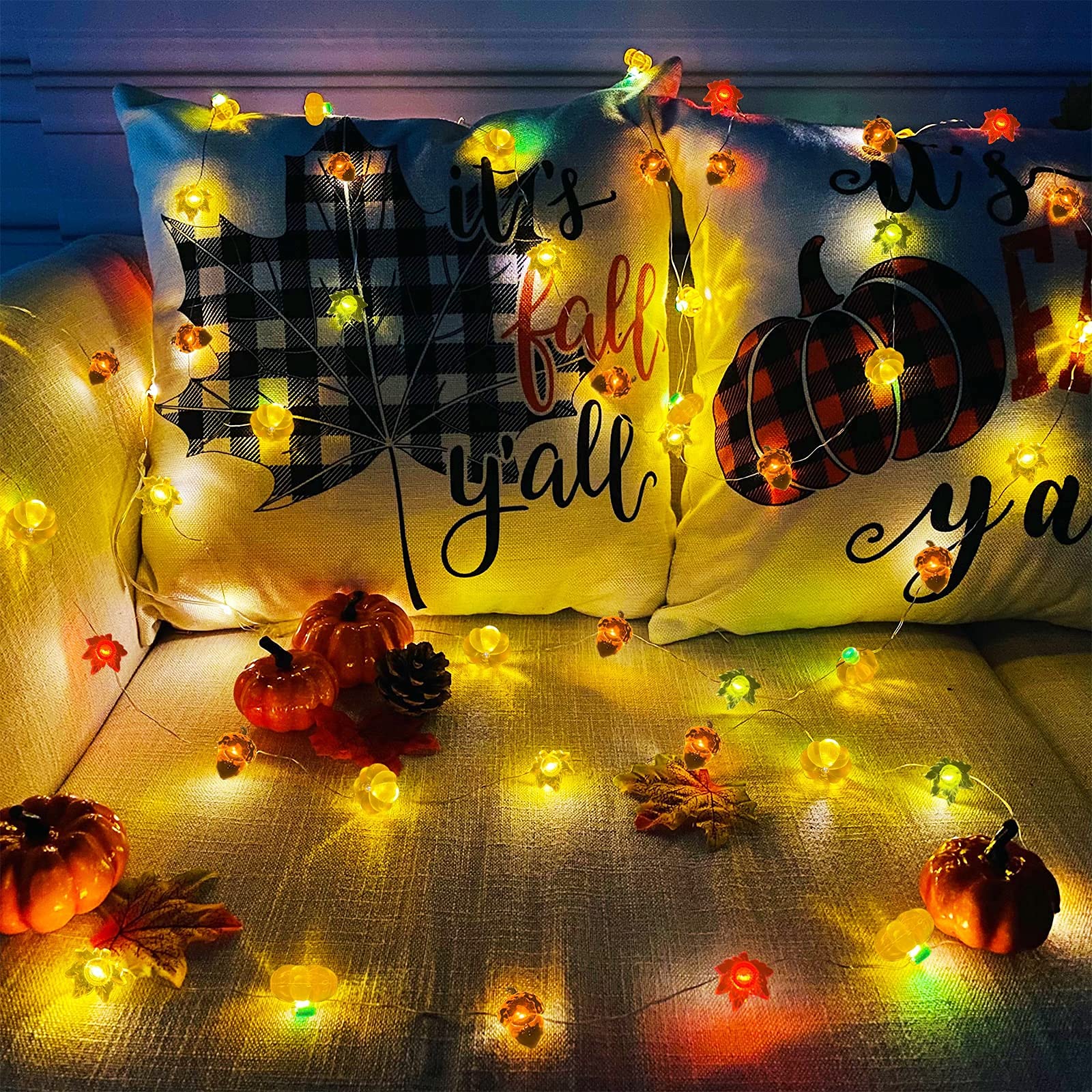 60 LED Fall String Lights with Remote & Timer - 20ft Battery Operated Thanksgiving Decorations (8 Modes) - Pumpkin, Maple Leaf & Acorn Design for Indoor Home Decor | Perfect for Thanksgiving, Autumn Parties & Cozy Ambiance