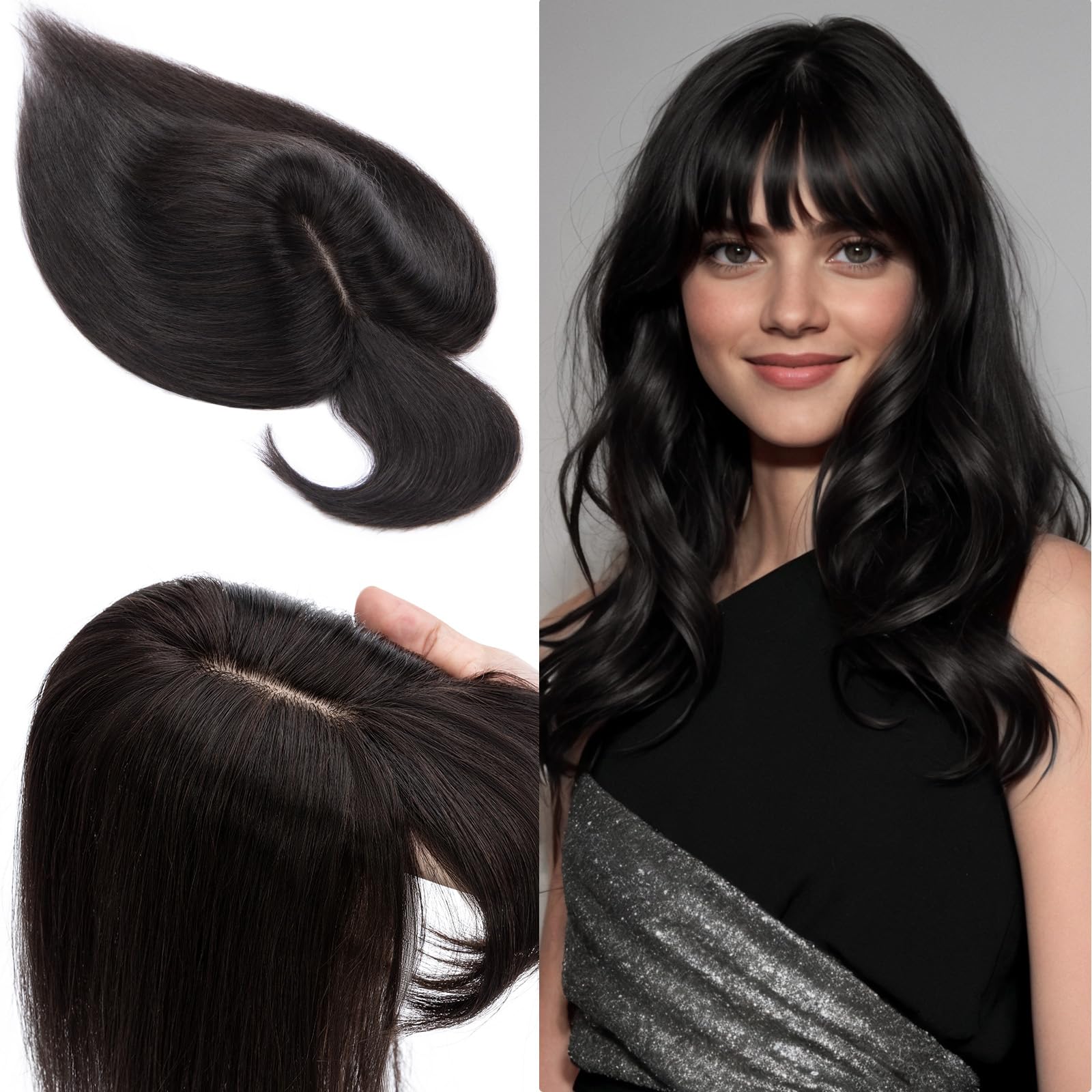 SEGO 100% Real Human Hair Toppers with Bangs - Silk Base 150% Density Clip-in Hair Topper (2.7”x5.1”) for Women with Thinning Hair & Hair Loss - Covers Gray Hair - Perfect for Daily Wear, Special Occasions & Hair Volume Enhancement
