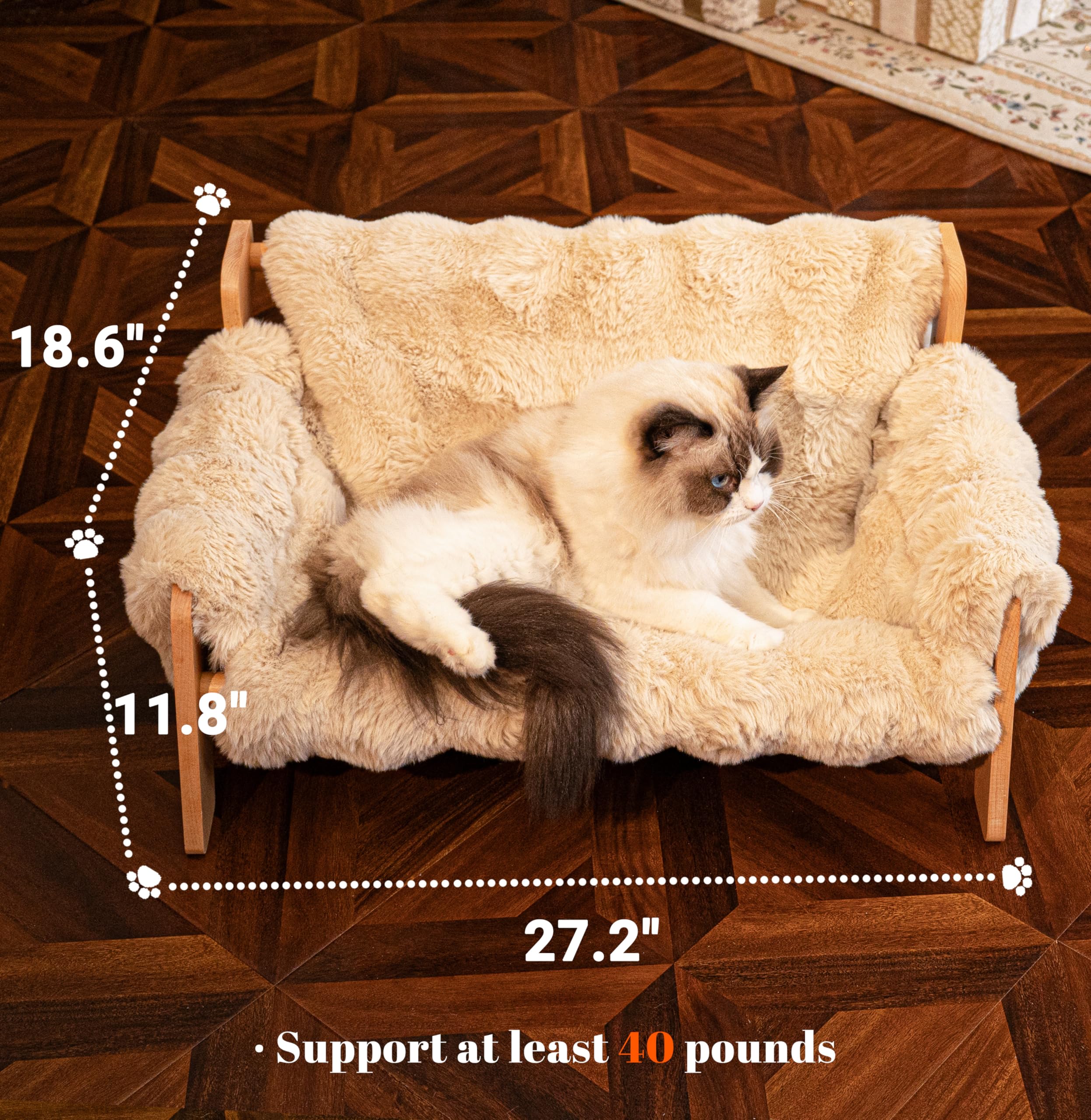 Elevated Cat Couch Bed for Indoor Cats - Fluffy Pet Sofa Recliner with Wooden Frame, Cozy Lounge Chair for Small & Medium Dogs - Perfect for Living Room, Bedroom & Pet Play Areas (Khaki)
