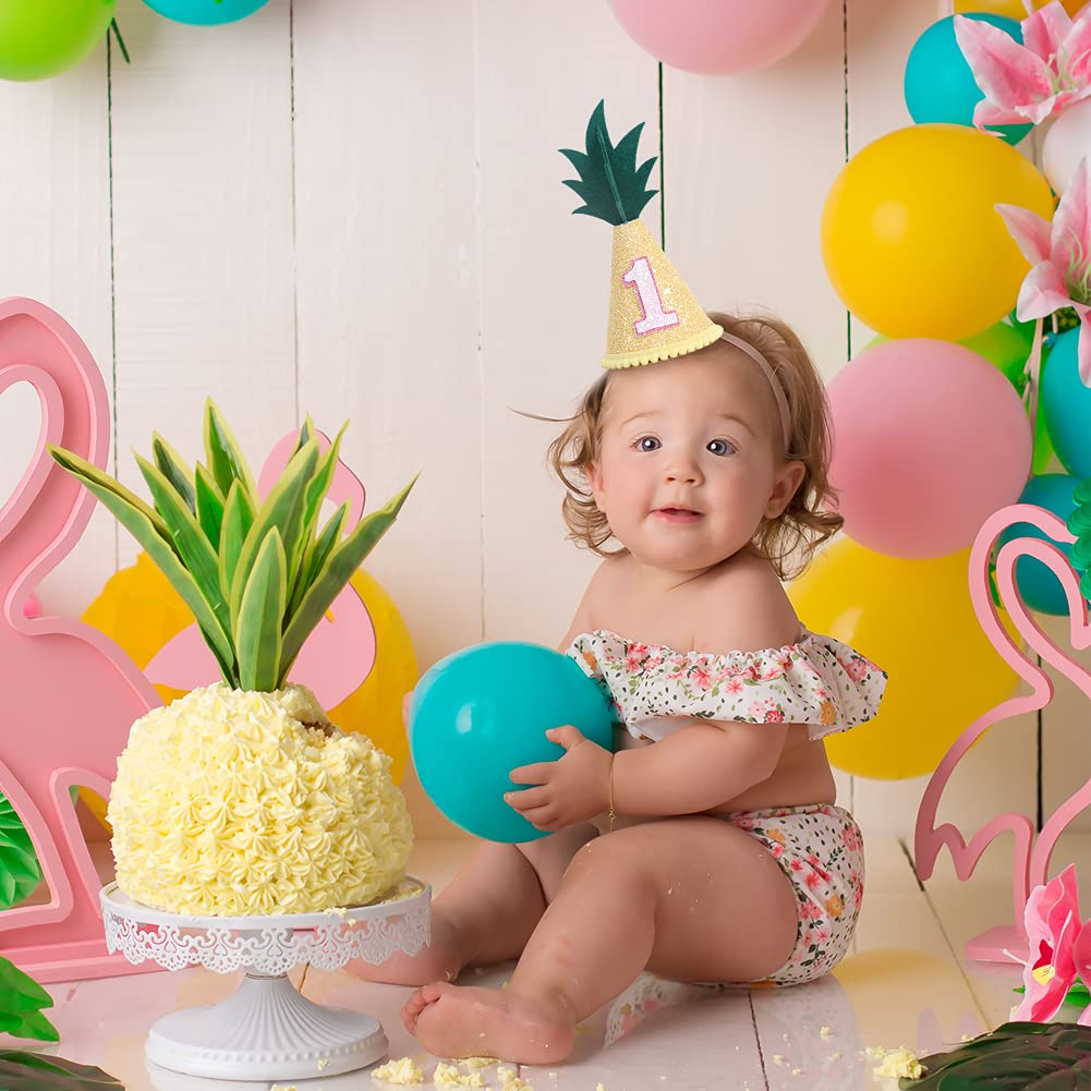 Pineapple 1st Birthday Hat for Girls - Tropical Fruit Themed Party Decorations, Baby Cake Smash Photo Props in Yellow | Perfect for First Birthday Parties, Hawaiian Luau Themes & Summer Celebrations