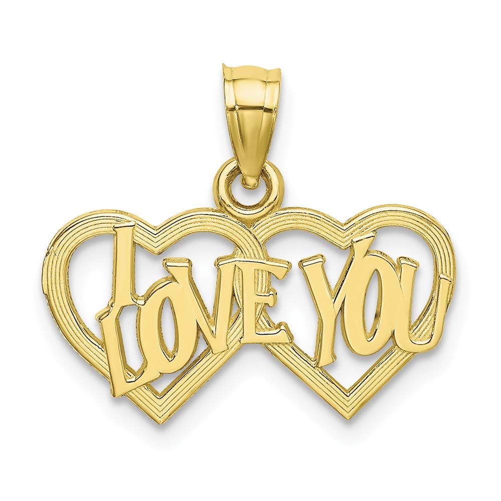 10K Yellow Gold I Love You Double Heart Charm Necklace - Polished & Textured Pendant with 18
