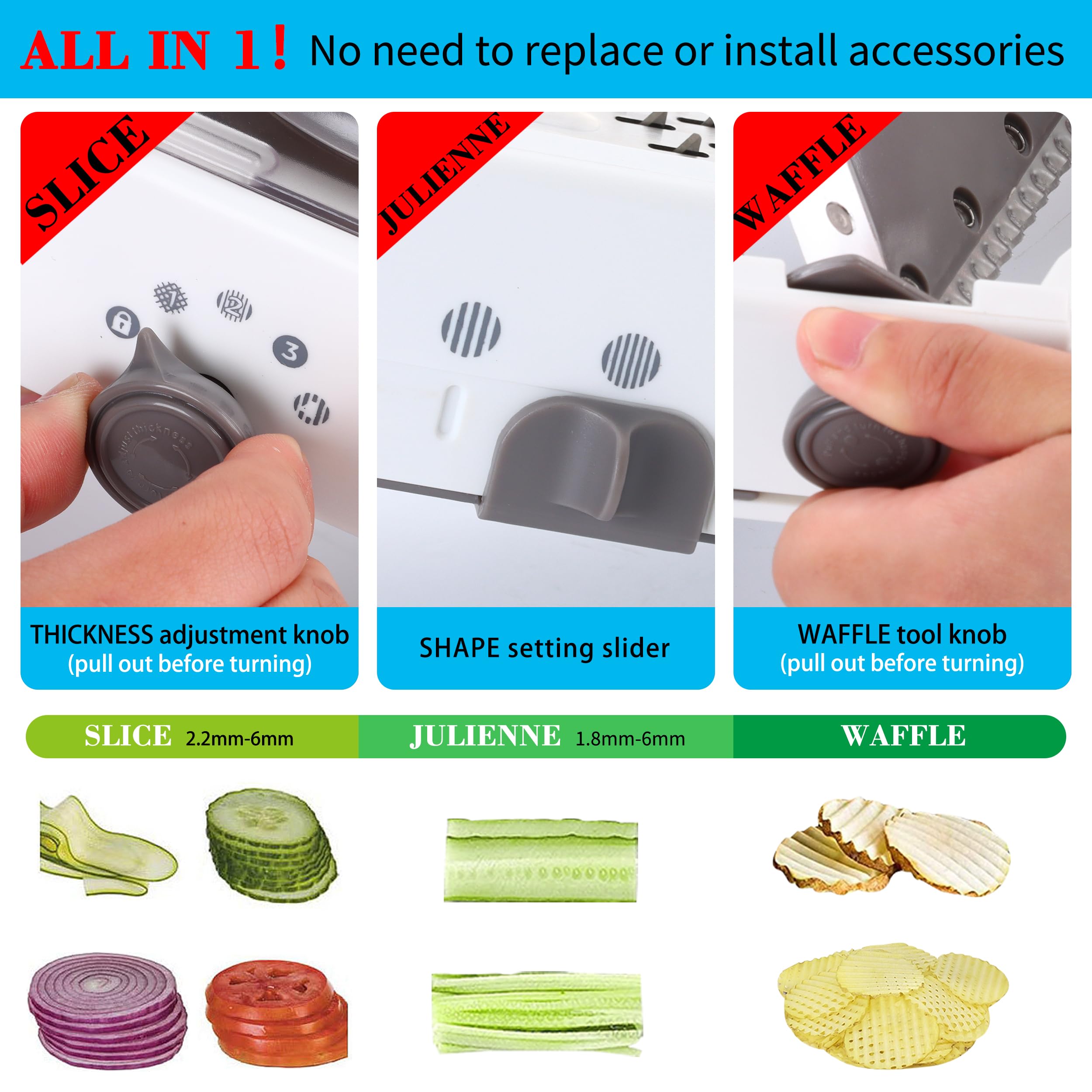 Premium Stainless Steel Mandoline Slicer - Adjustable Vegetable & Potato Slicer with French Fry & Waffle Cutter | Professional Kitchen Mandolin for Perfect Slicing, Dicing & Julienne | Ideal for Salads, Meal Prep & Healthy Cooking
