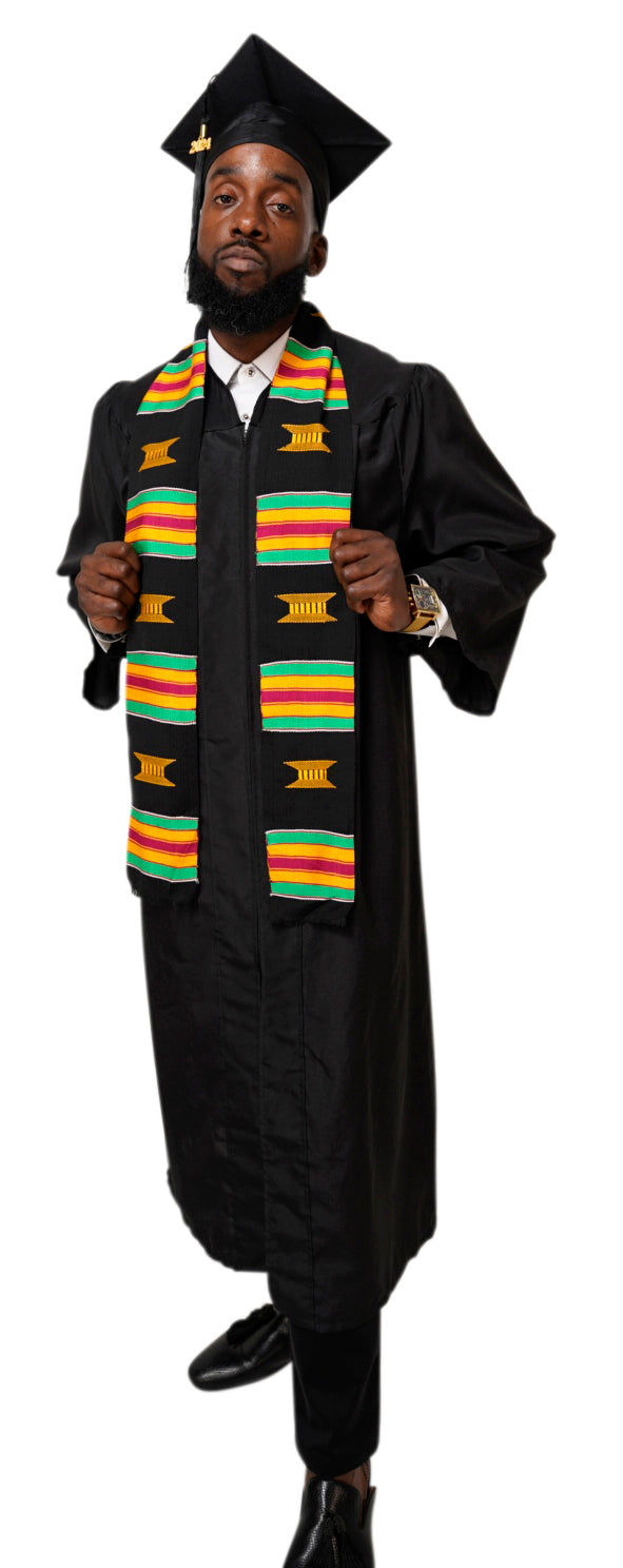 Black and Gold Handwoven Kente Cloth Graduation Stole - Authentic African Heritage Sash DP2169BLK | Perfect for Graduation Ceremonies, Cultural Events & African Pride Celebrations