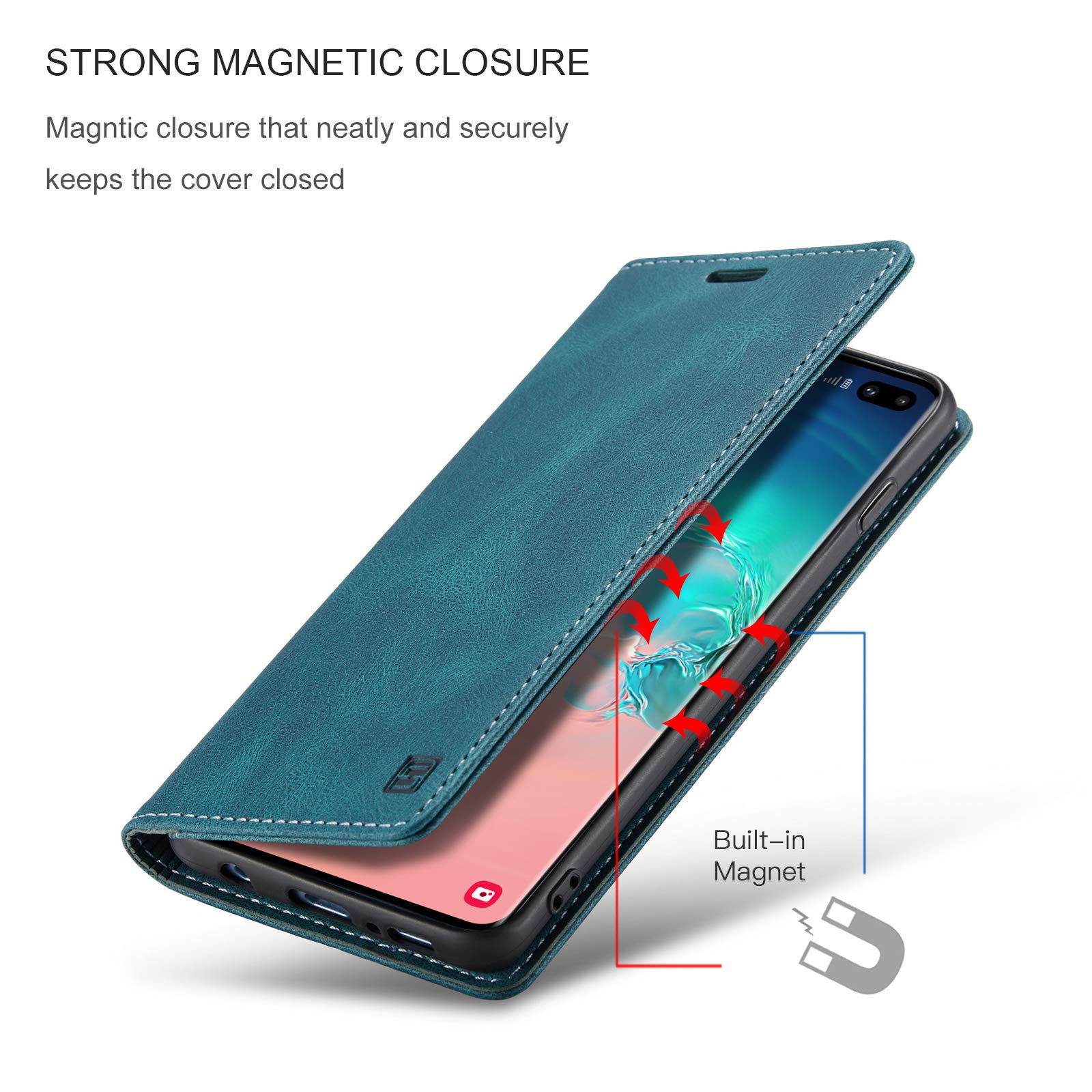 Vintage Leather Wallet Case for Samsung Galaxy S10 with Card Holder & Kickstand | Magnetic Flip Folio Cover | Perfect for Business, Travel & Everyday Use - Blue