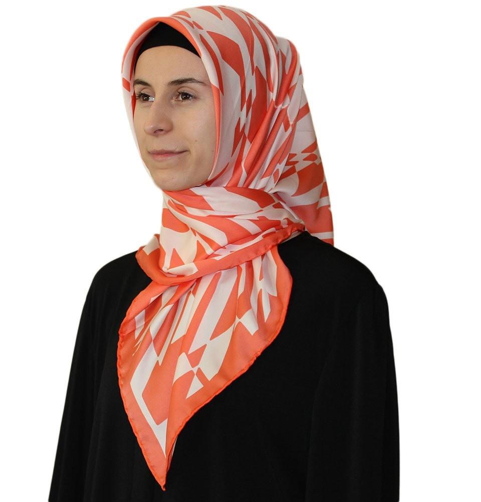 Aker Satin Square Hijab Scarf 6749 965 Orange & White - Soft Muslim Headscarf for Women, Breathable Fashion Accessory for Daily Wear, Work, and Special Occasions