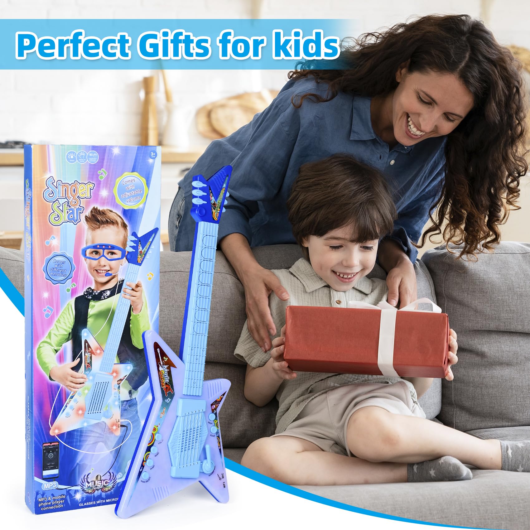 **Kids Guitar and Microphone Play Set with Music & Lights - Musical Toy for Boys & Girls, Toddler Karaoke Machine, Educational Gift for Children - Perfect for Birthday Parties, Pretend Play & Early Music Learning**