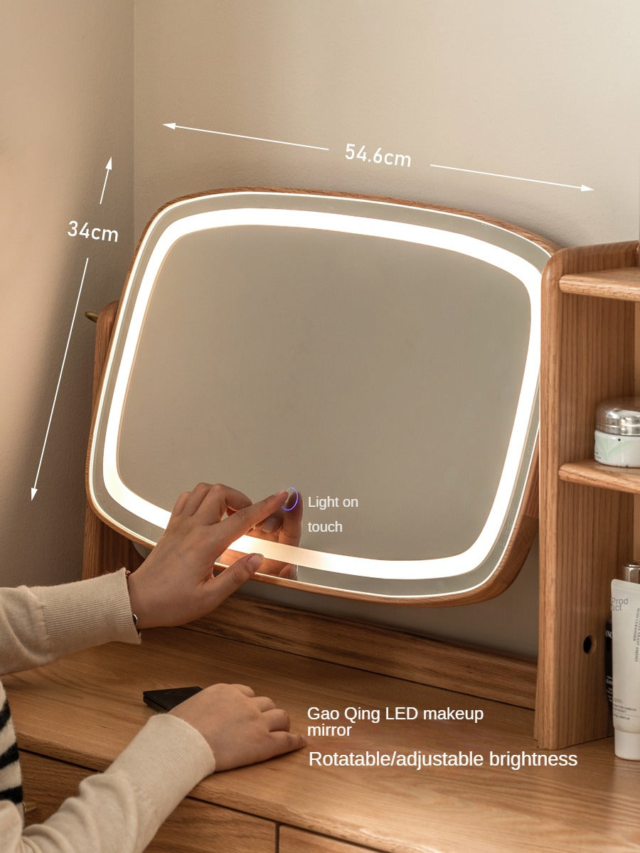 Solid Oak & Ash Wood Dressing Table with LED Lighted Makeup Mirror - Perfect for Bedroom Vanity, Makeup Application & Home Decor