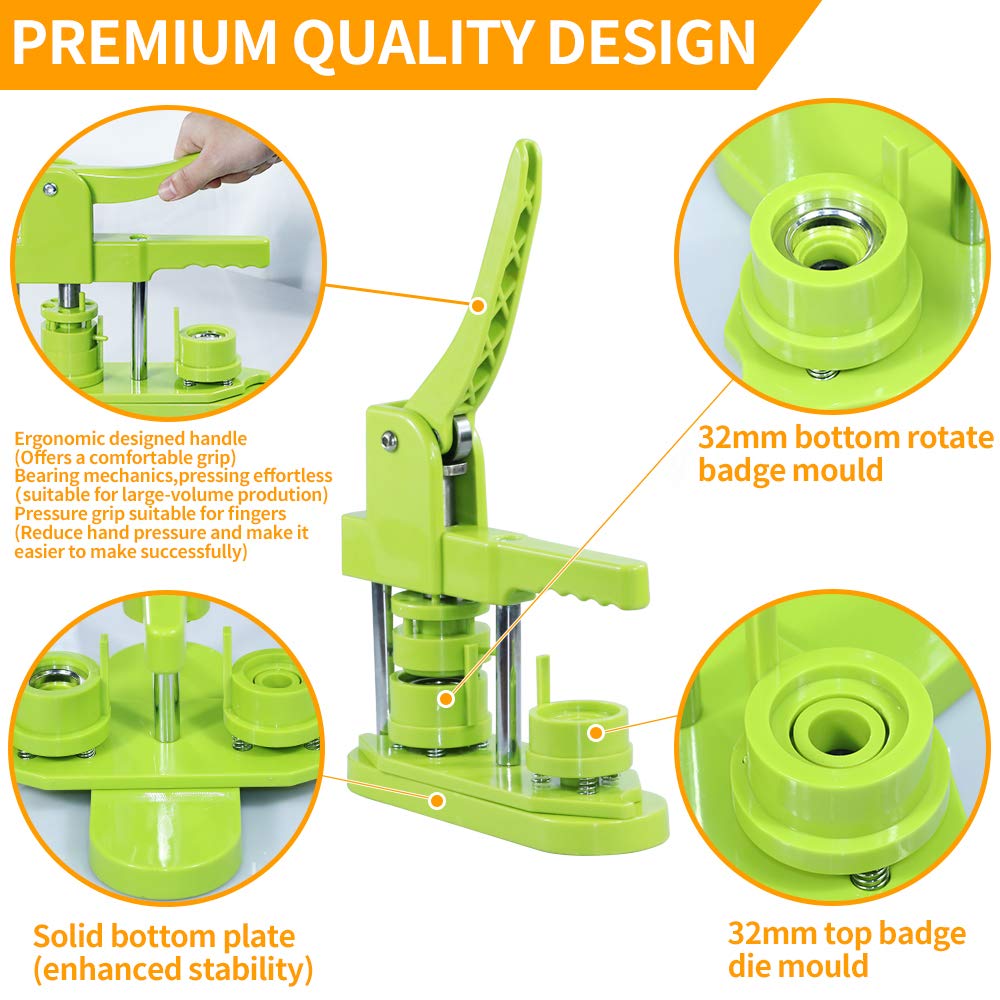 32mm (1.25 inch) DIY Button Maker Machine - No Installation Required Pin Badge Press with 500pcs Button Parts, 100pcs Pictures & Adjustable Circle Cutter (Green) - Perfect for Custom Pins, DIY Gifts, School Projects & Craft Fairs