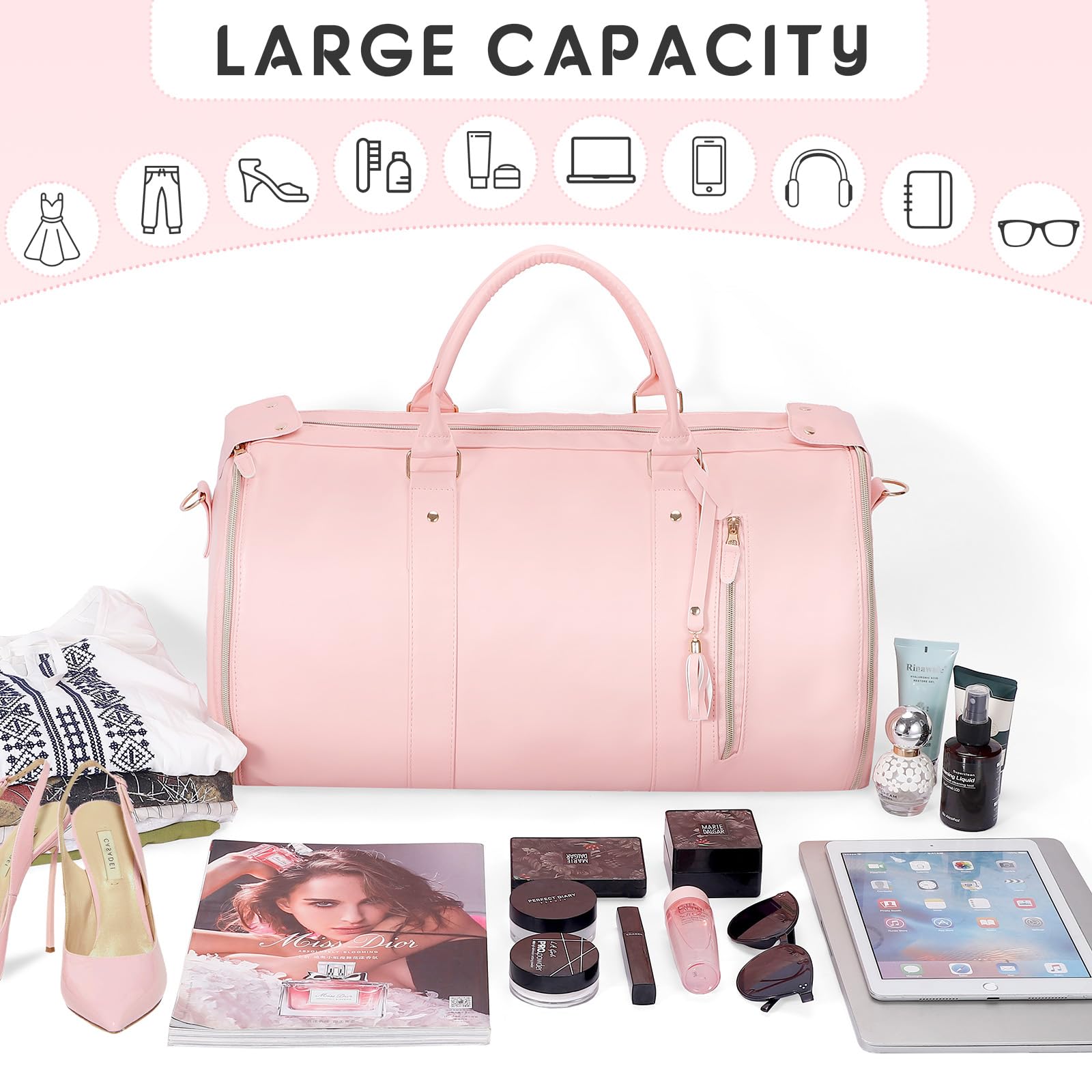 Premium 2-in-1 Convertible PU Leather Garment Bag for Women - Travel Hanging Suitcase with Shoe Compartment & Toiletry Pouch | Carry-On Dress Bag for Business Trips, Weddings & Vacations (Pink)