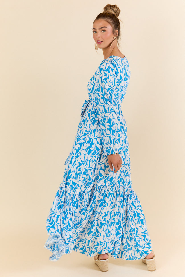 Palmetto Paradise Blue and White Long Sleeve Maxi Dress for Women - Boho Floral Beach Cover Up, Summer Vacation Dress, Perfect for Pool Parties & Tropical Getaways