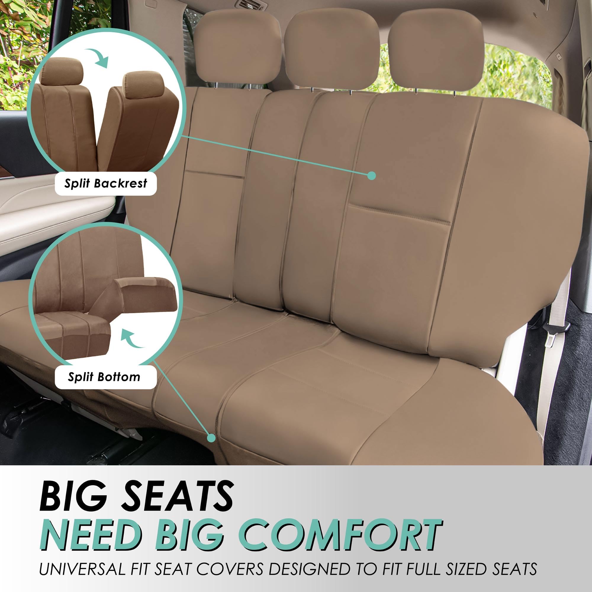 FH Group PU Leather Car Seat Covers - 3 Row 7 Seater Universal Fit for Most Cars, Trucks, SUVs & Vans | Airbag Compatible Split Bench Design | Premium Tan Color | Perfect for Family Road Trips & Daily Commute