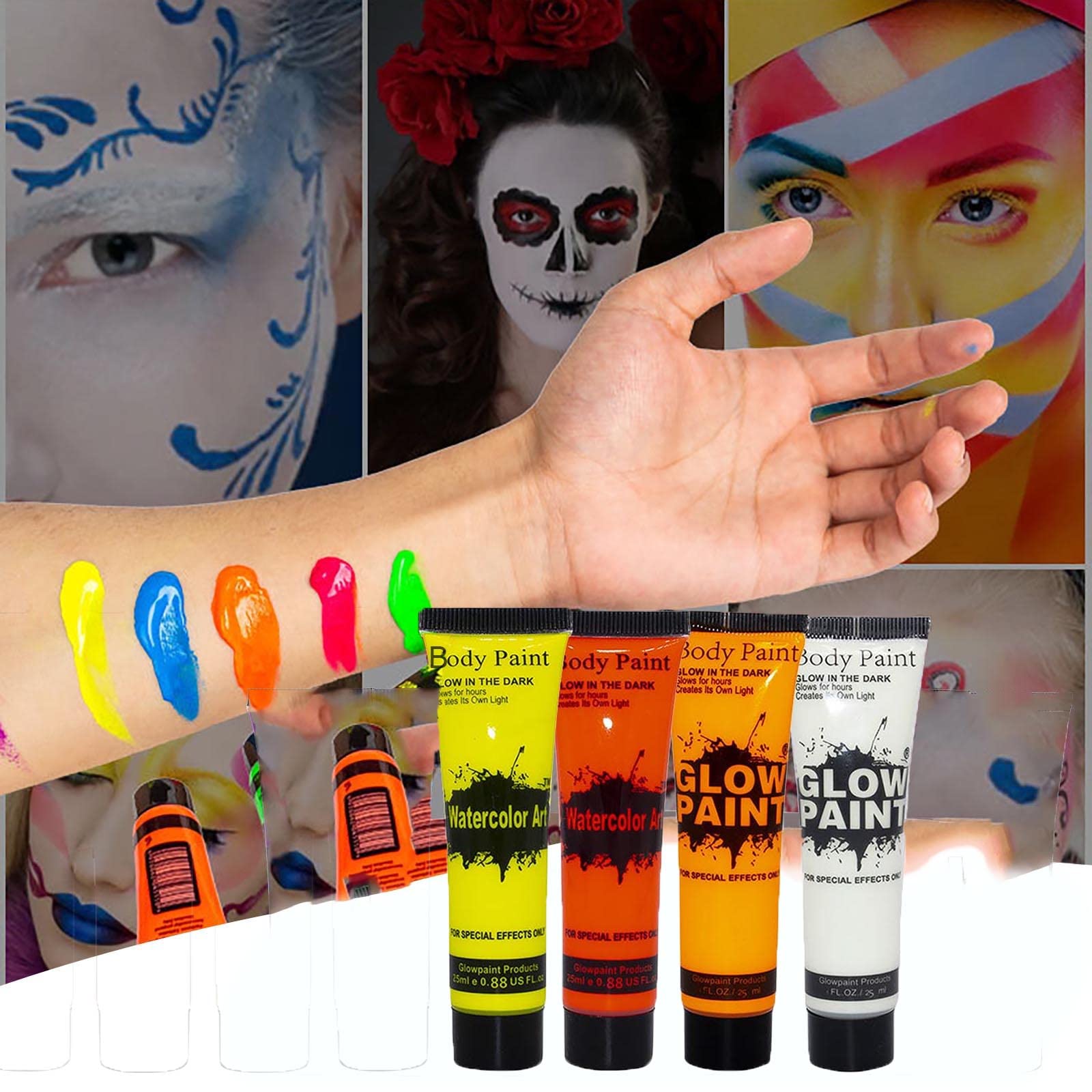 4PCS 25ML Non-Toxic Face & Body Paint Set - Halloween Horror Makeup, Fluorescent Pigment Paste for Kids & Adults - Perfect for Costume Parties, Festivals, and Cosplay Events