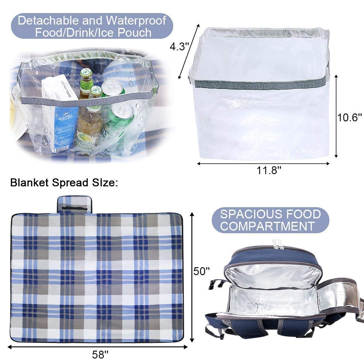 Sunflora 4-Person Insulated Picnic Backpack with Cooler Compartment - Navy & Blue Stripe Outdoor Picnic Set for Beach, Camping, Hiking & Family Gatherings