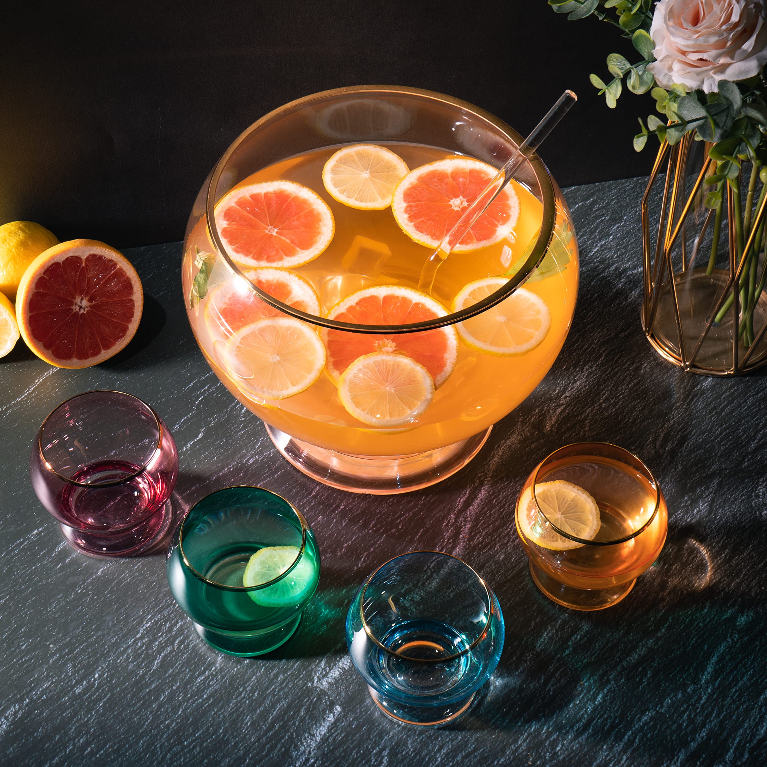 Vibrant 1.7 Gallon Punch Bowl Set with 4 10oz Glasses & Ladle - Perfect for Margaritas, Cocktails, Juice & Punch - Ideal Gift for Mother's Day, Wife, Mom & Friends - Great for Parties, Weddings & Holiday Gatherings