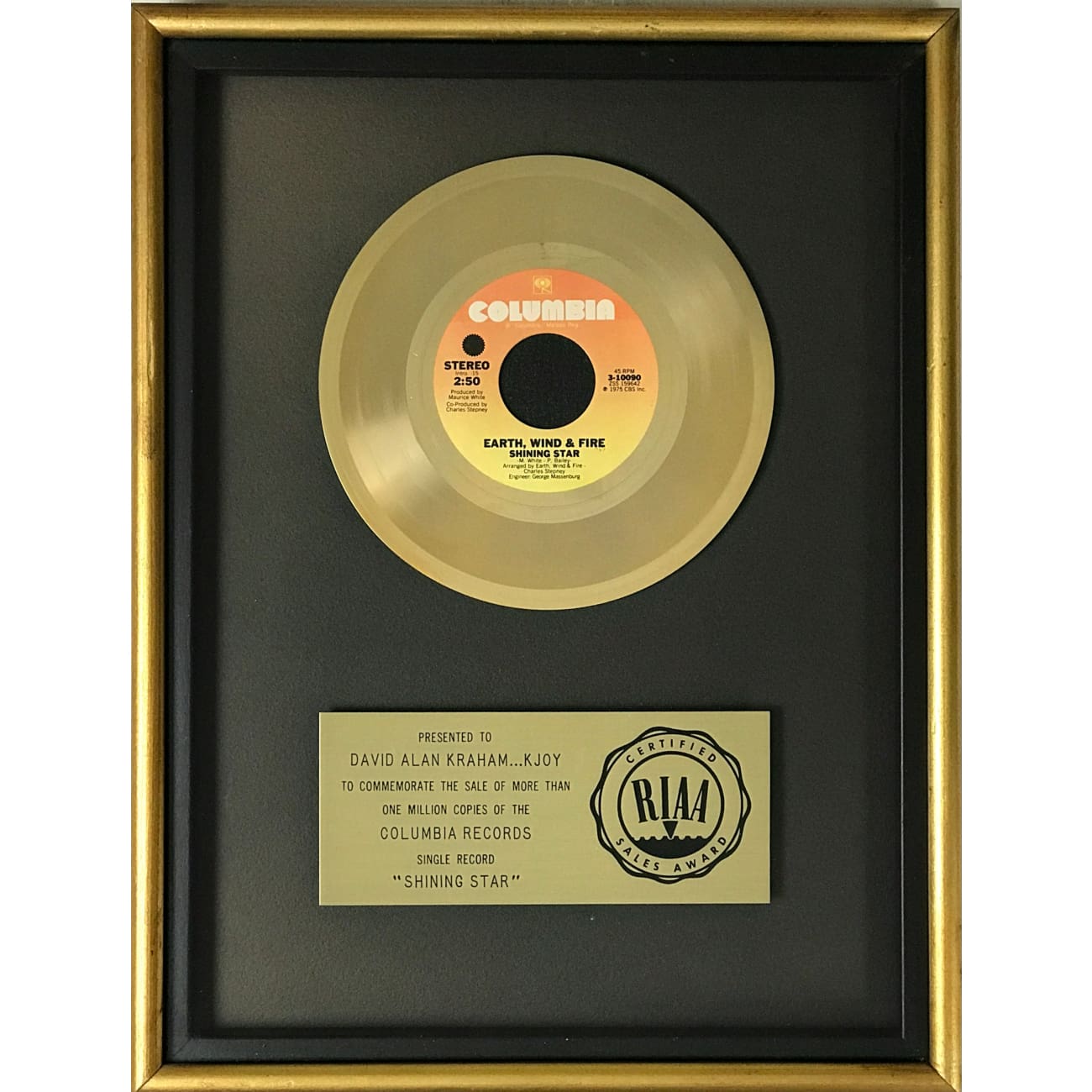 Earth, Wind & Fire Shining Star RIAA Gold Single Award - Vintage Music Collectible for Home Decor & Music Memorabilia Display