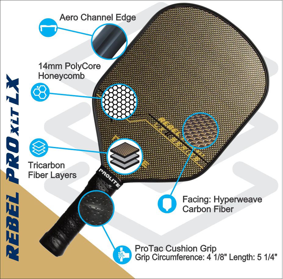 Prolite Rebel Pro XLT LX Pickleball Paddle - Lightweight Carbon Fiber Paddle for Competitive Play | Perfect for Tournaments & Recreational Games