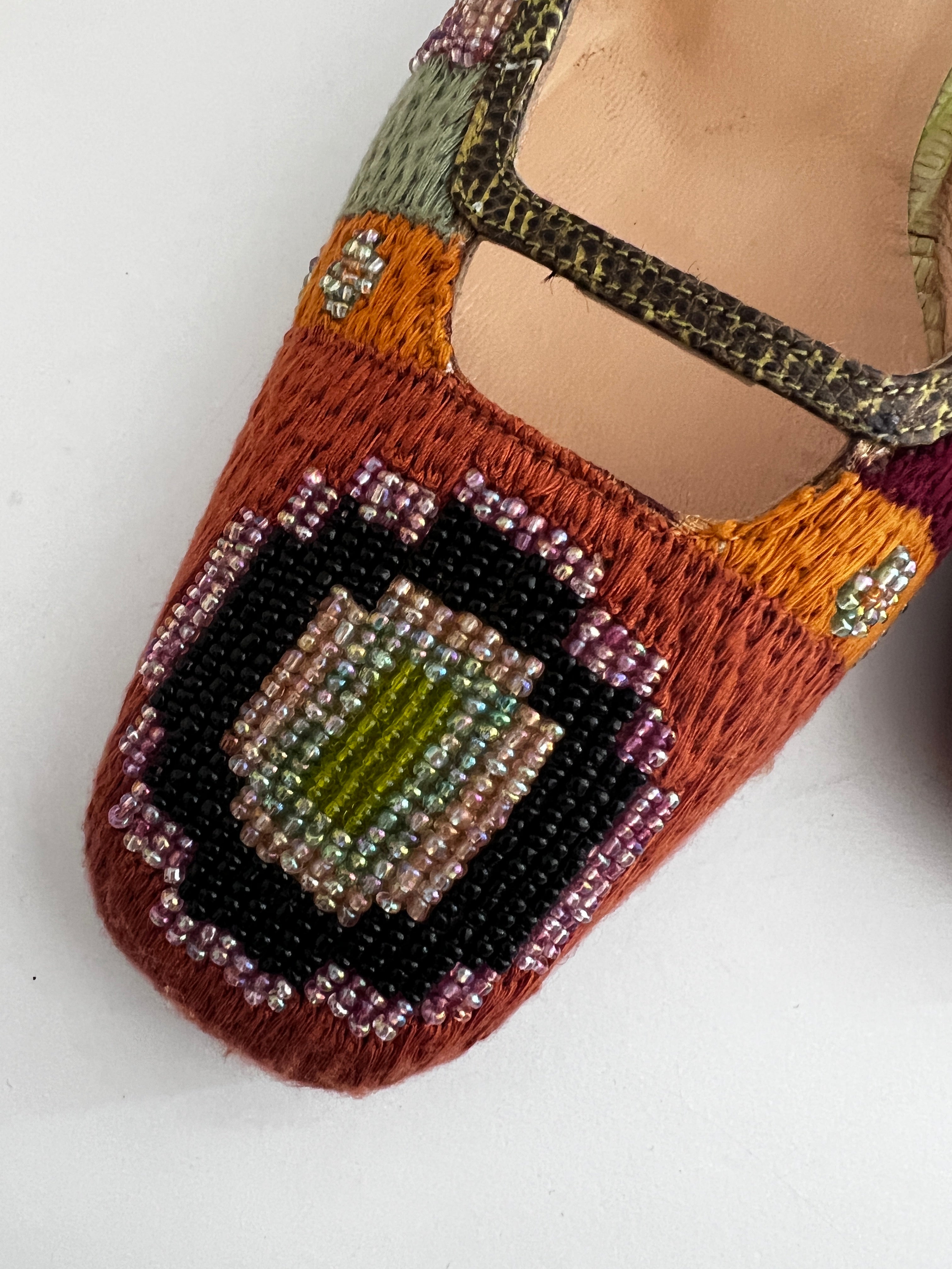 Vintage Fendi Boho Beaded Mule Heels - Women's Bohemian Style Sandals for Summer Weddings & Beach Vacations