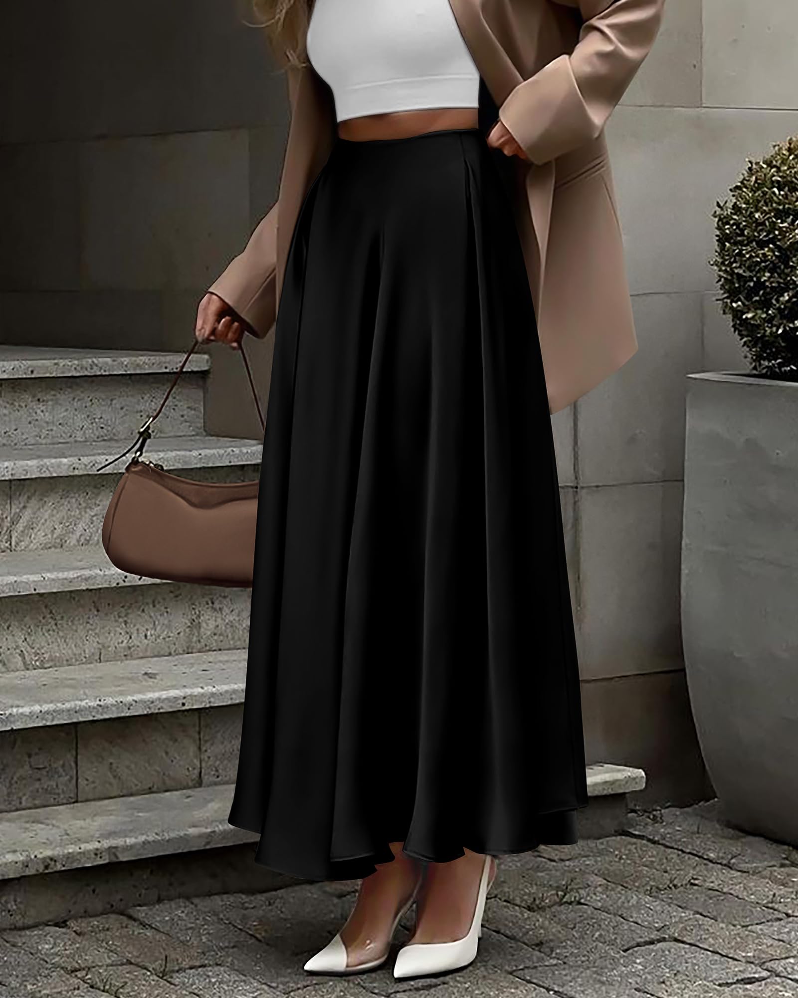 BTFBM Women's High Waist Satin Skirt - Elegant Flowy A-Line Maxi Skirt for Party & Cocktail Dresses | Summer & Fall Outfits 2025 | Perfect for Weddings, Date Nights & Formal Events