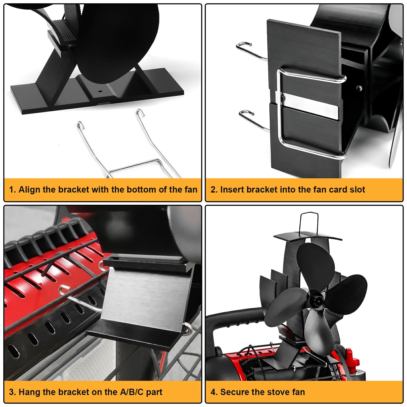 Uniflasy 4-Blade Heat Powered Wood Stove Fan with Extra Bracket - Compatible with Buddy Heater, Mr. Heater, Wood Burning Stoves, Pellet & Log Burners - Efficient Thermal Fireplace Fan for Home Heating & Energy Savings | Perfect for Cabin, RV, Camping & Winter Warmth