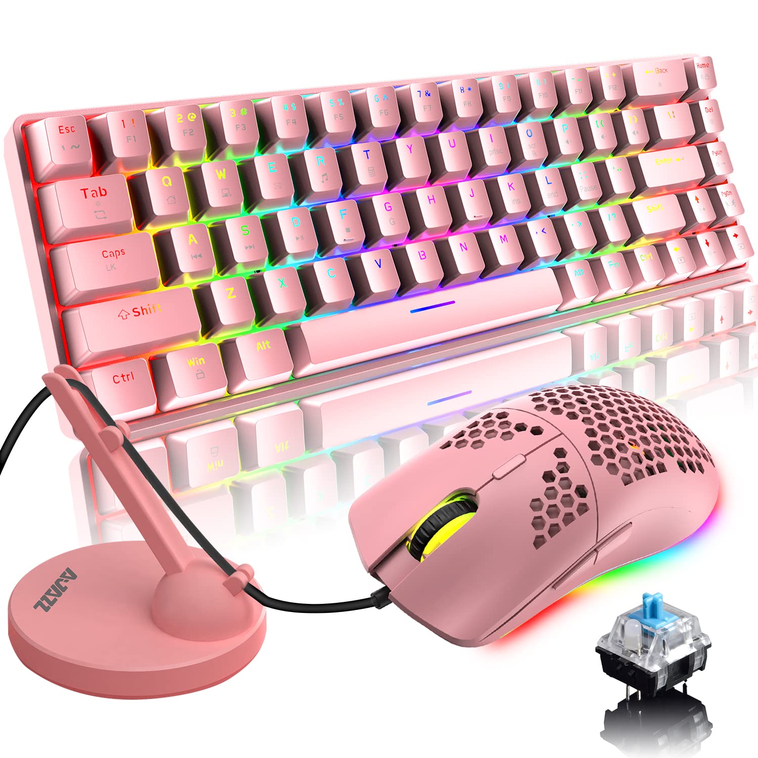 LexonElec 60% Compact Mechanical Gaming Keyboard & Mouse Combo - RGB Backlit 68-Key Wired Keyboard with 18 Lighting Effects, 6400DPI Honeycomb Gaming Mouse, Mouse Bungee & Mouse Pad (Pink/Blue Switch) - Perfect for PC Gaming, Esports & Office Work