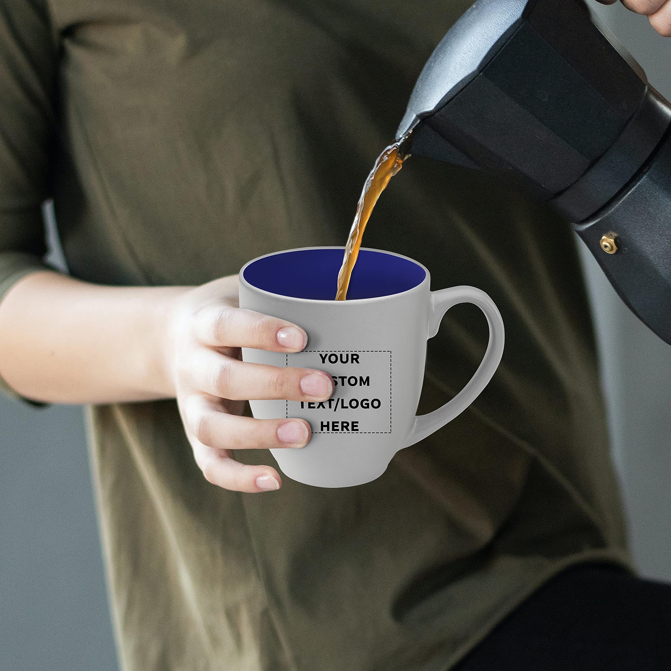Customized 16oz Two-Tone Coffee Mugs Bulk Set of 50 - Personalized Pop-Out Bistro Mugs for Coffee, Hot Chocolate & Beverages - Blue - Ideal for Cafes, Restaurants, Corporate Gifts & Events