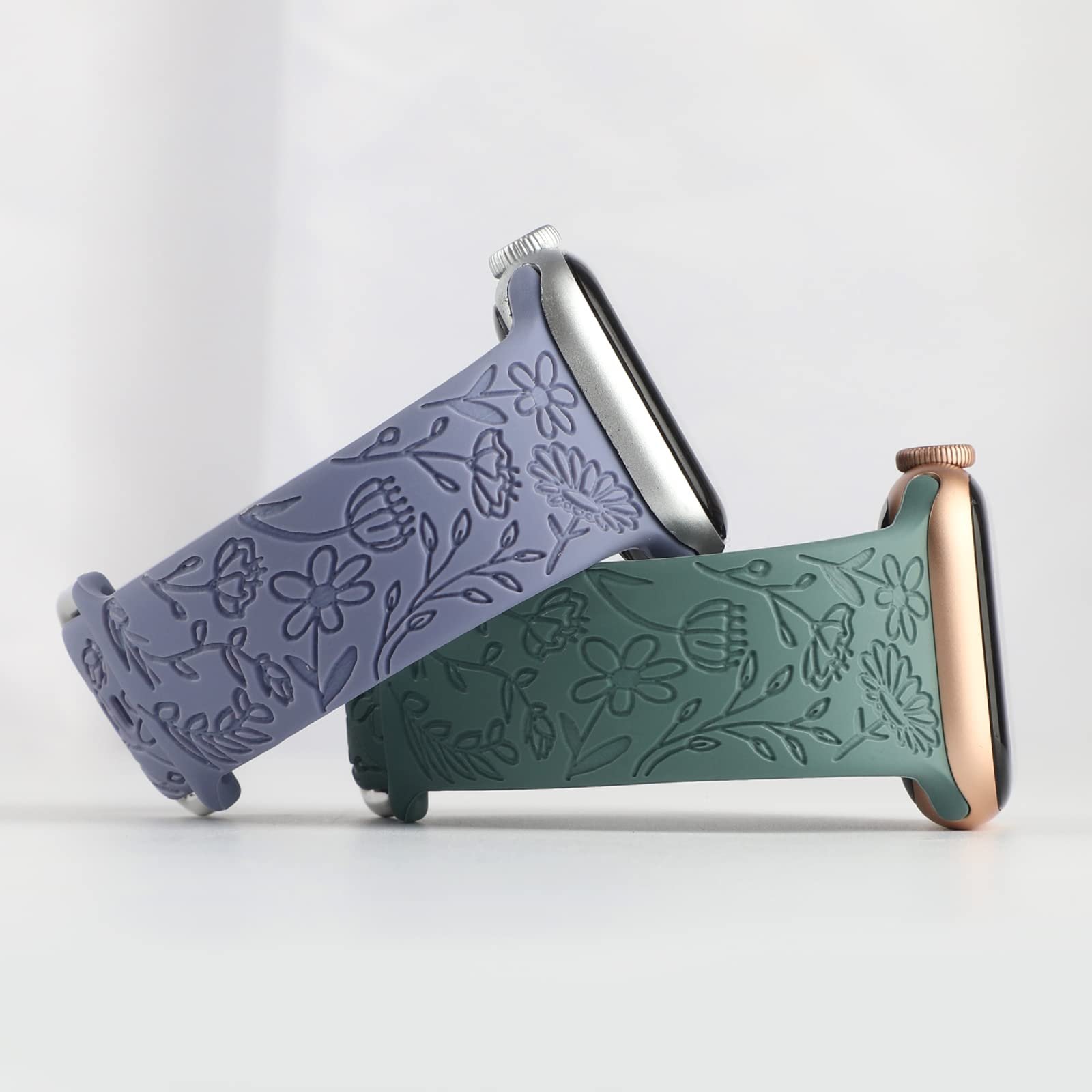 2 Pack Floral Engraved Sport Strap for Apple Watch 38mm 40mm 41mm - Soft Silicone Replacement Band Compatible with iWatch Series 8/7/6/5/4/3/2/1/SE - Women's Fashion Wristband for Workout, Running & Daily Wear