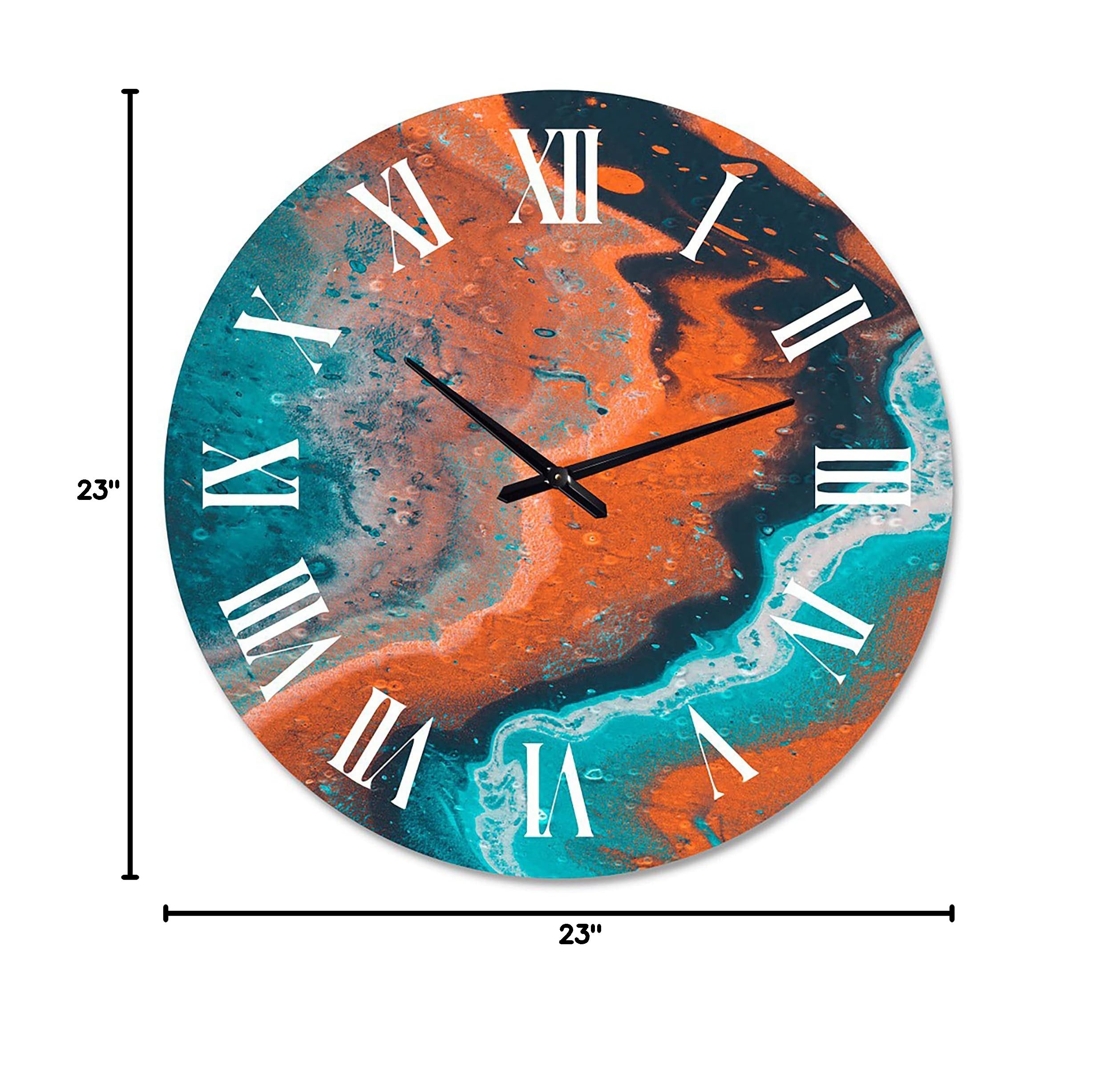 DesignQ Modern Abstract Marble Wall Clock - Blue & Orange Large Fractal Art Clock for Kitchen, Living Room, Office Decor | Silent Non-Ticking Home & Office Wall Decor