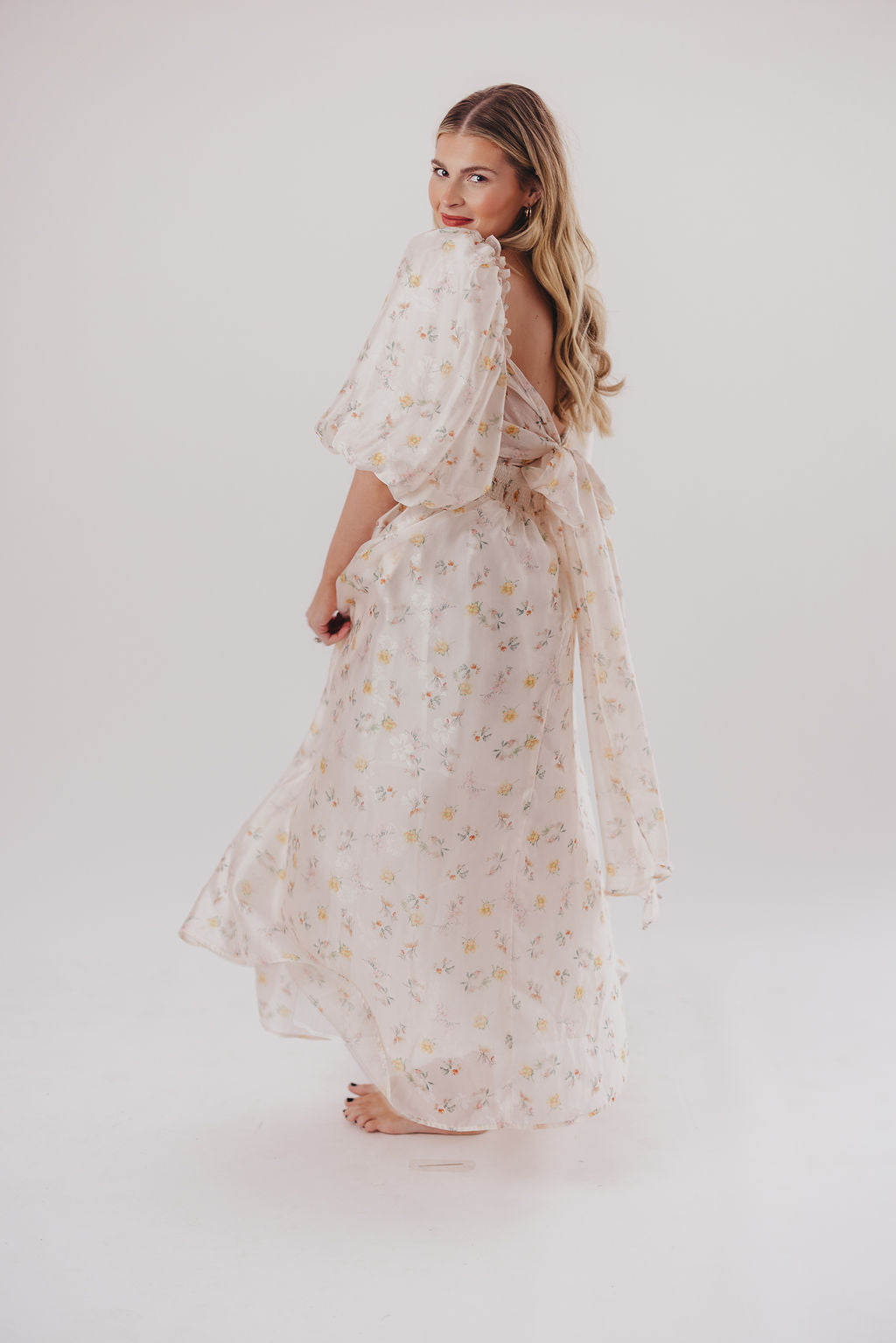Melody Maxi Dress with Pleats & Bow Detail - Yellow Rose Floral Print | Bump Friendly Maternity Dress | Inclusive Sizing S-3XL | Perfect for Weddings, Baby Showers & Summer Vacations