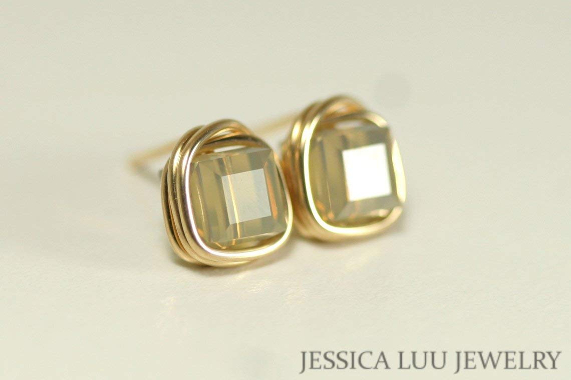 Handmade Gold Tan Stud Earrings with Sand Opal Crystals - Wire Wrapped Boho Jewelry for Women - Perfect for Daily Wear, Parties & Gifts