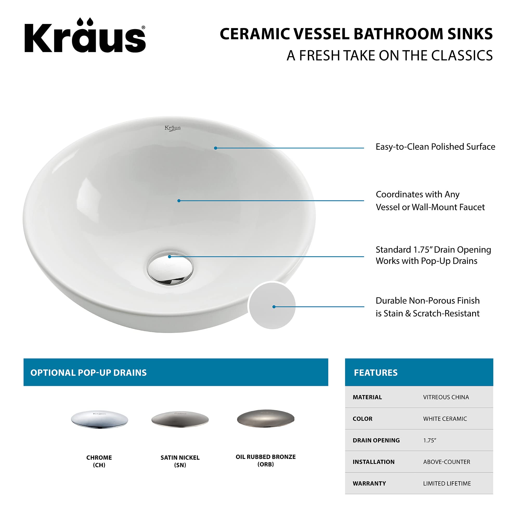 Kraus KCV-141-CH White Round Ceramic Kitchen Sink with Pop-Up Drain Chrome Finish - Perfect for Bathroom Vanity, Farmhouse Kitchen & Modern Home Decor