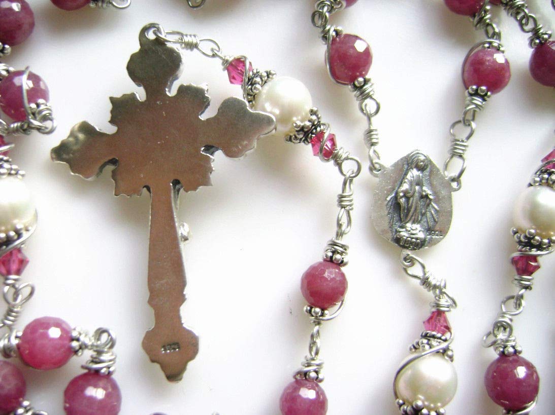 Handmade 925 Sterling Silver Ruby Beads Rosary Cross Catholic Necklace - Elegant Religious Jewelry Gift Box for Prayer, Worship & Special Occasions